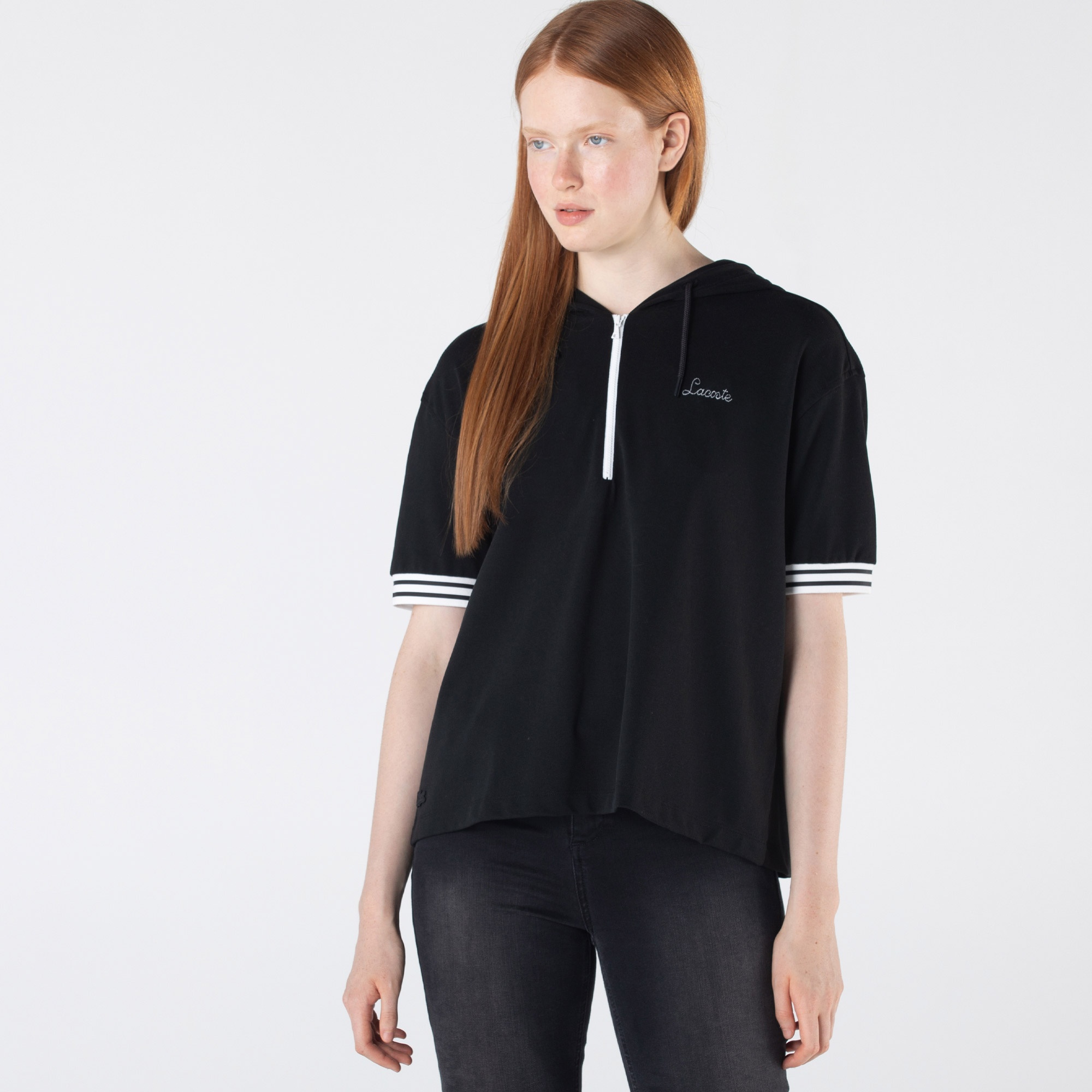 Lacoste Kadın Loose Fit Kısa Kollu Kapüşonlu Siyah Polo