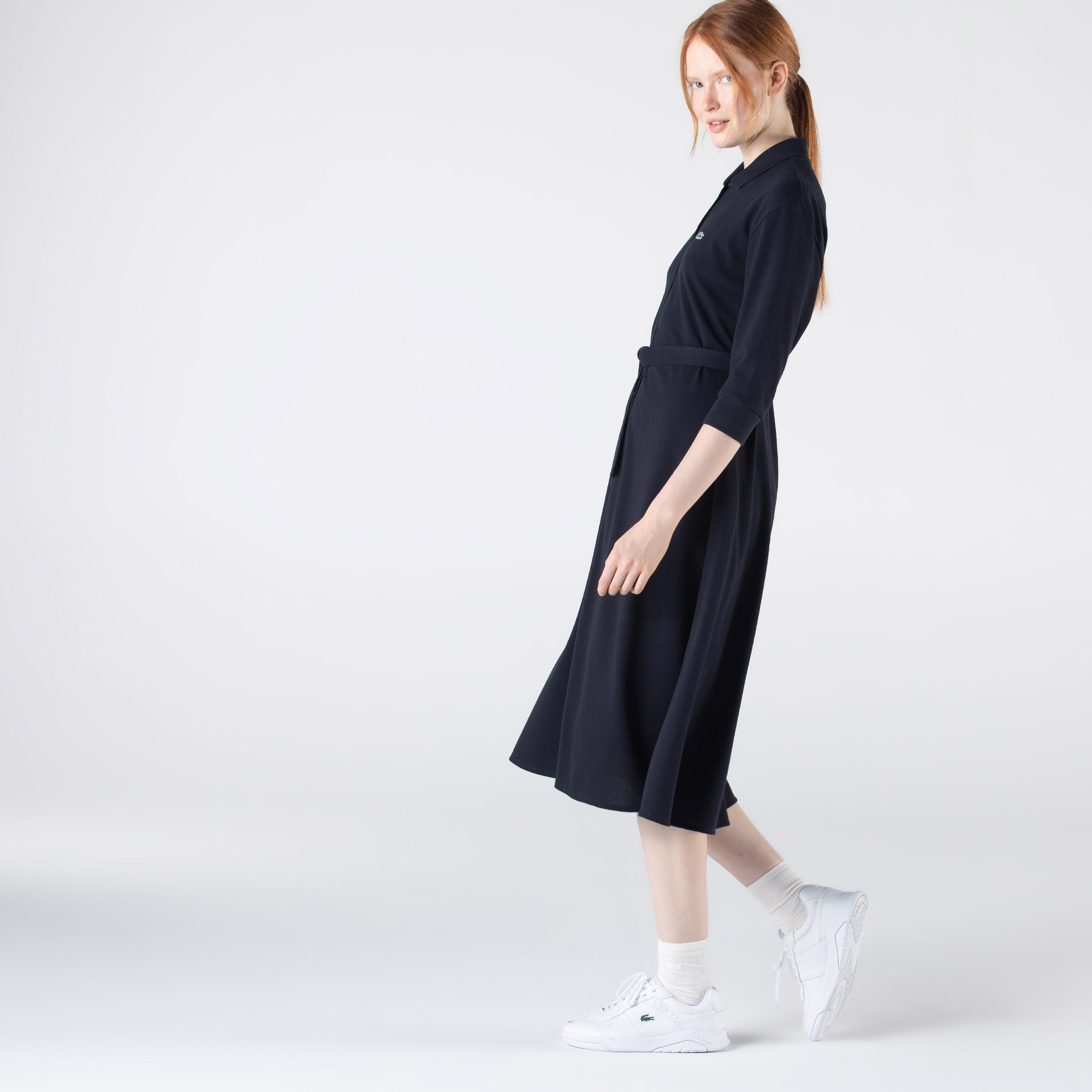 Lacoste Kadın Loose Fit Uzun Kollu Polo Yaka Lacivert Elbise