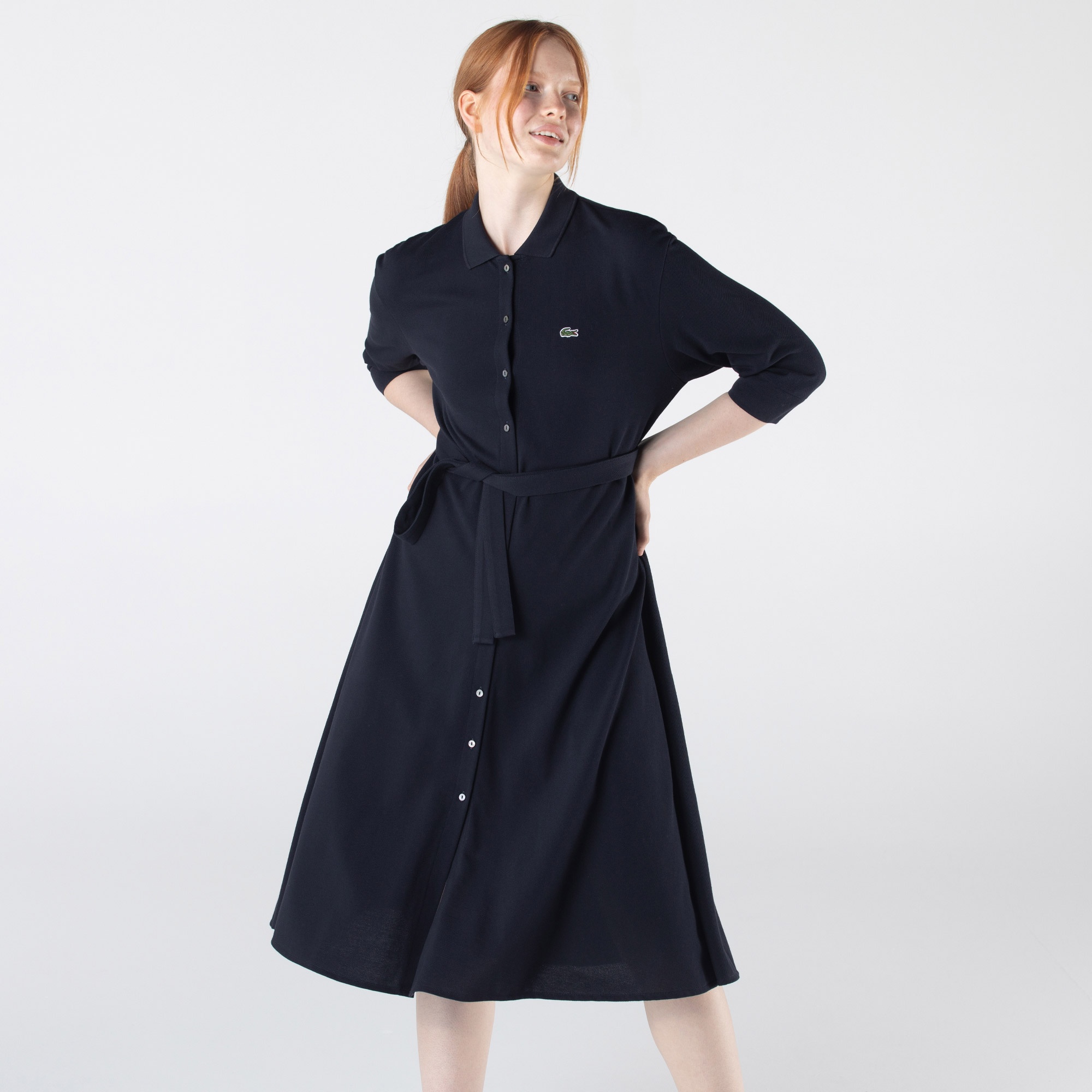 Lacoste Kadın Loose Fit Uzun Kollu Polo Yaka Lacivert Elbise