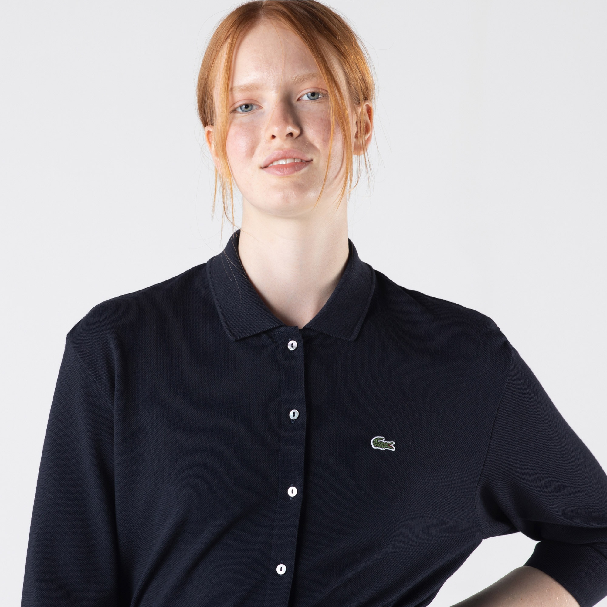 Lacoste Kadın Loose Fit Uzun Kollu Polo Yaka Lacivert Elbise