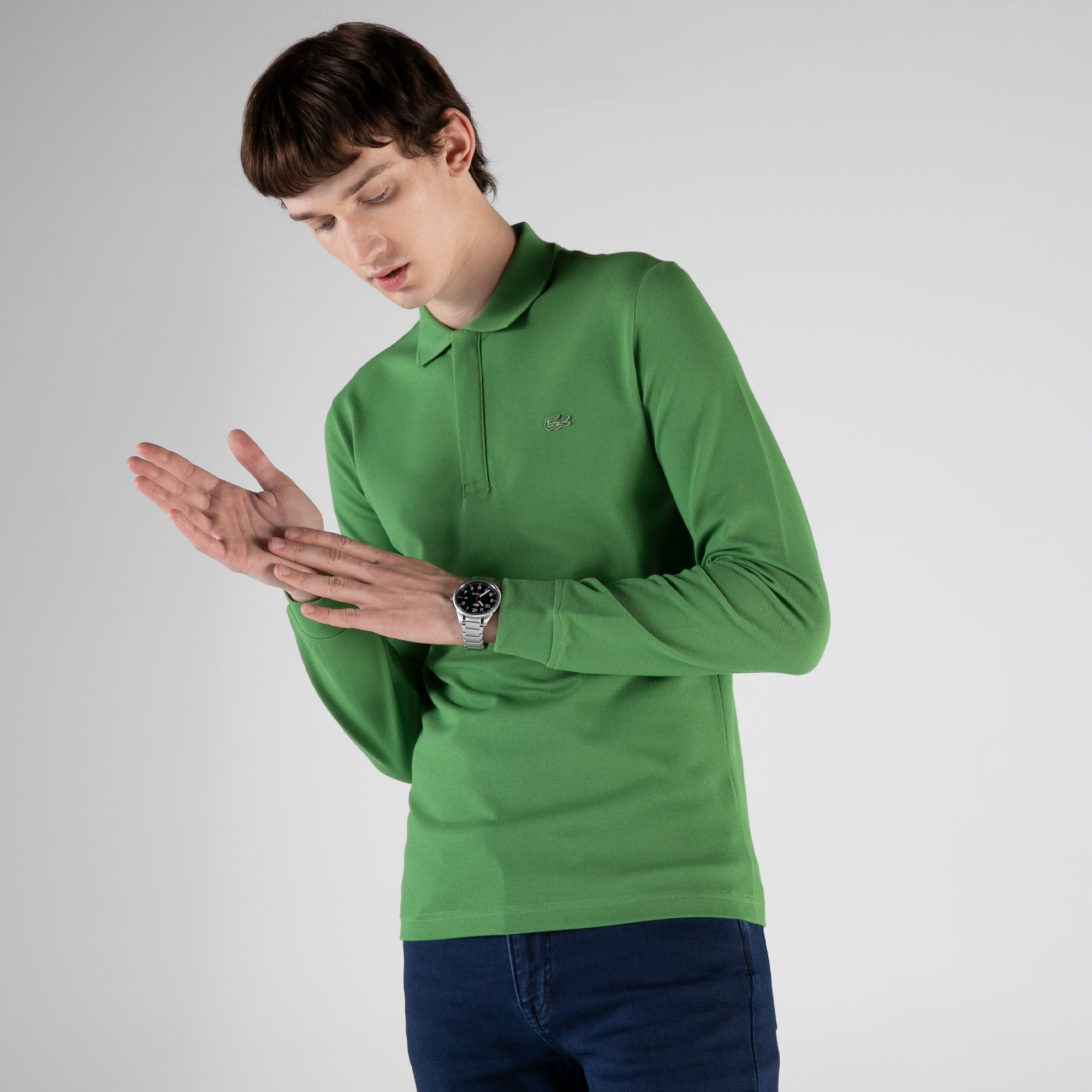 Lacoste Erkek Slim Fit Uzun Kollu Yarım Fermuarlı Haki Polo
