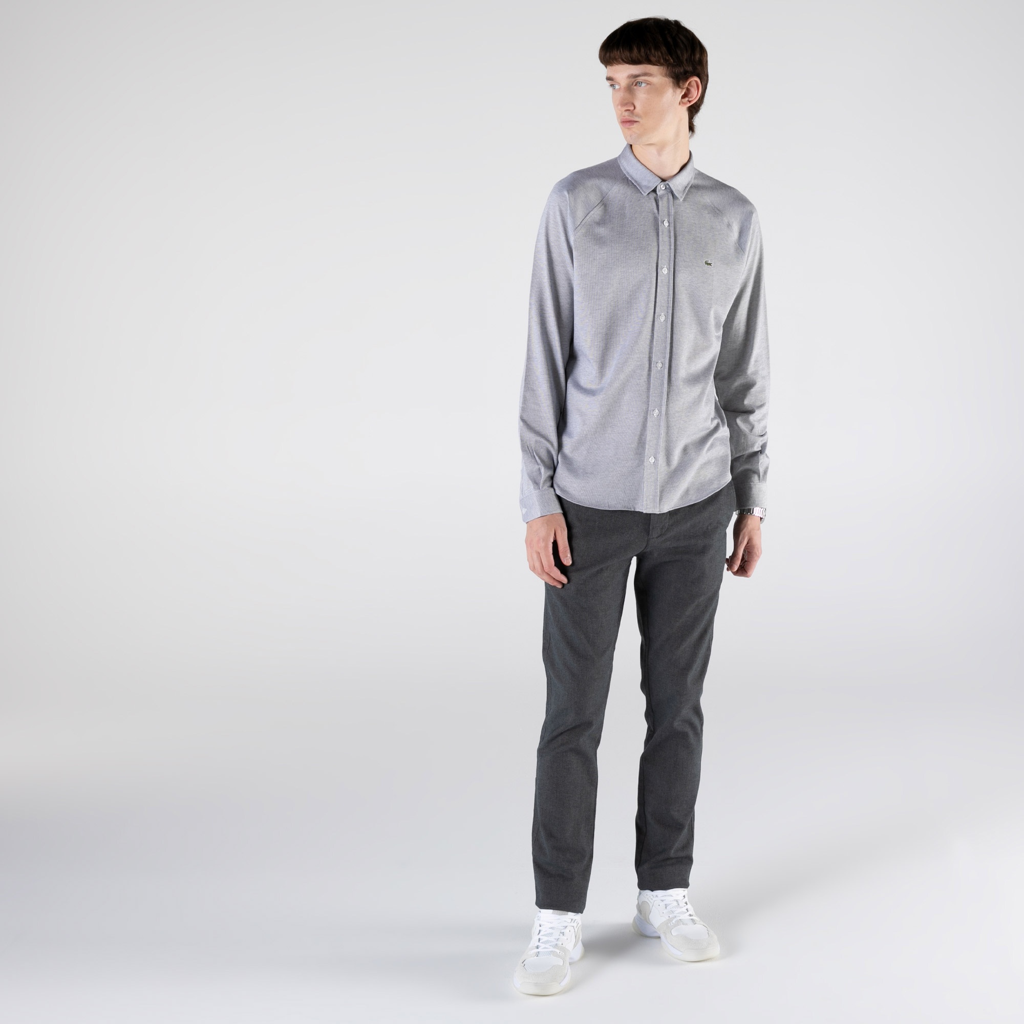 Lacoste Erkek Slim Fit Çizgili Gri Gömlek