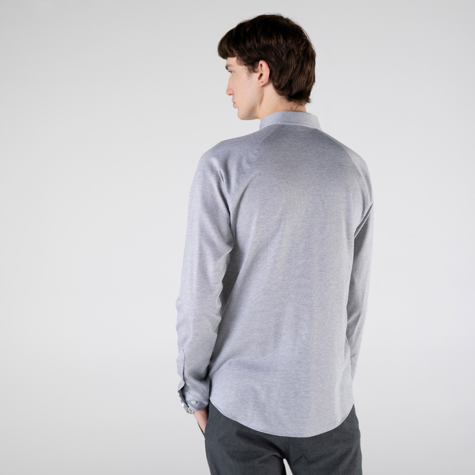 Lacoste Erkek Slim Fit Çizgili Gri Gömlek