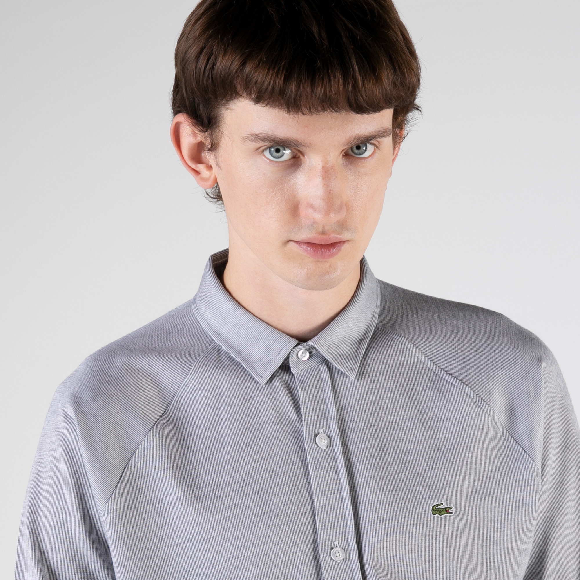 Lacoste Erkek Slim Fit Çizgili Gri Gömlek