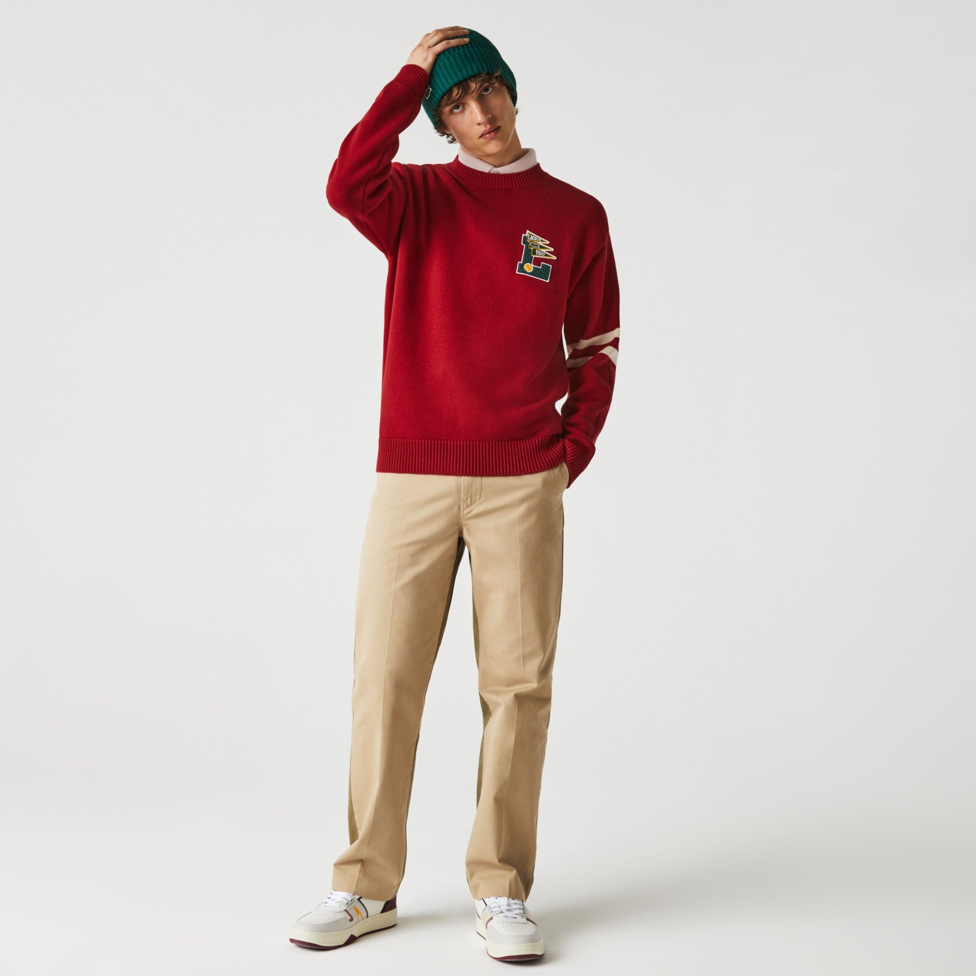 Lacoste Erkek Relaxed Fit Bisiklet Yaka Baskılı Kırmızı Kazak