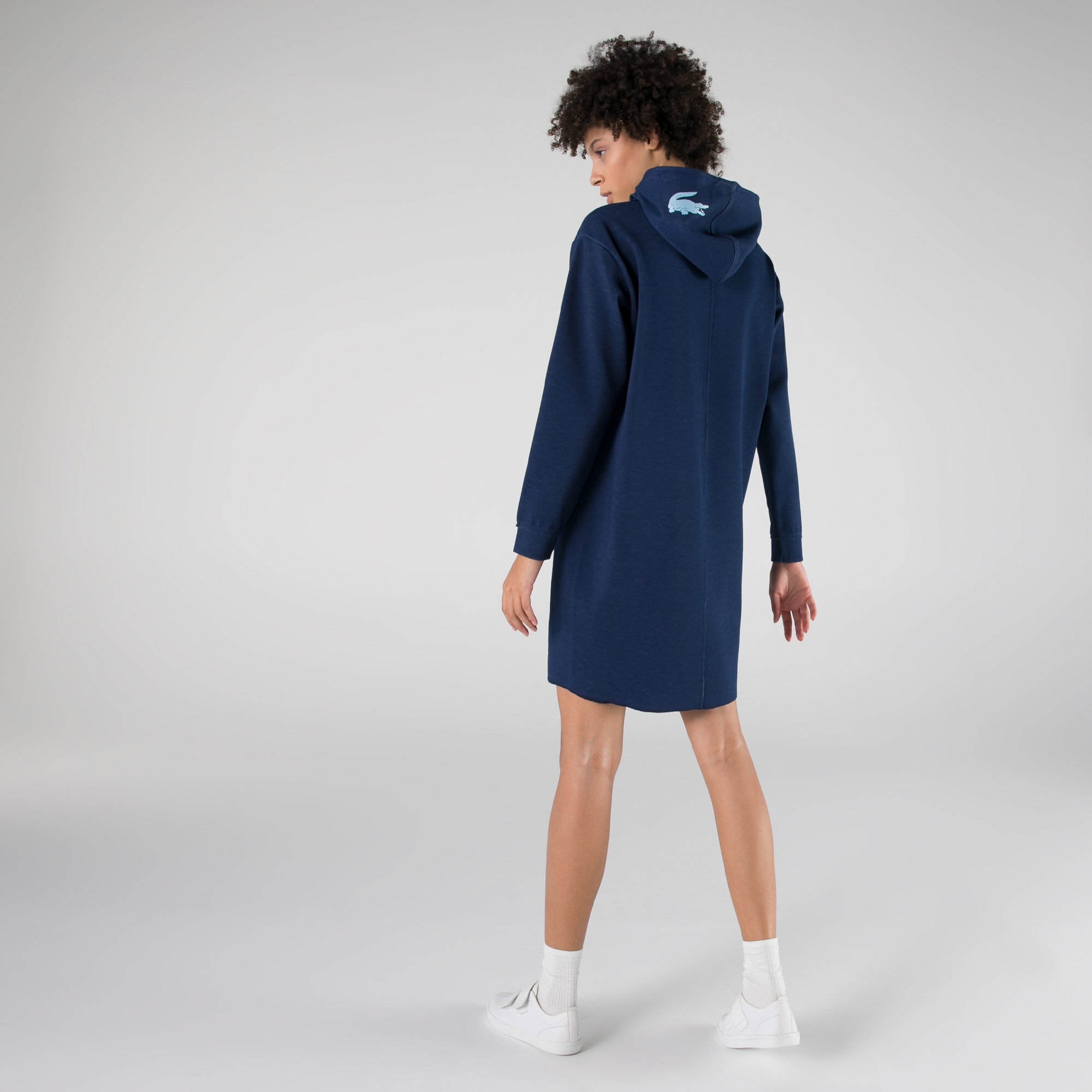Lacoste Kadın Loose Fit Uzun Kollu Kapüşonlu Baskılı Lacivert Elbise