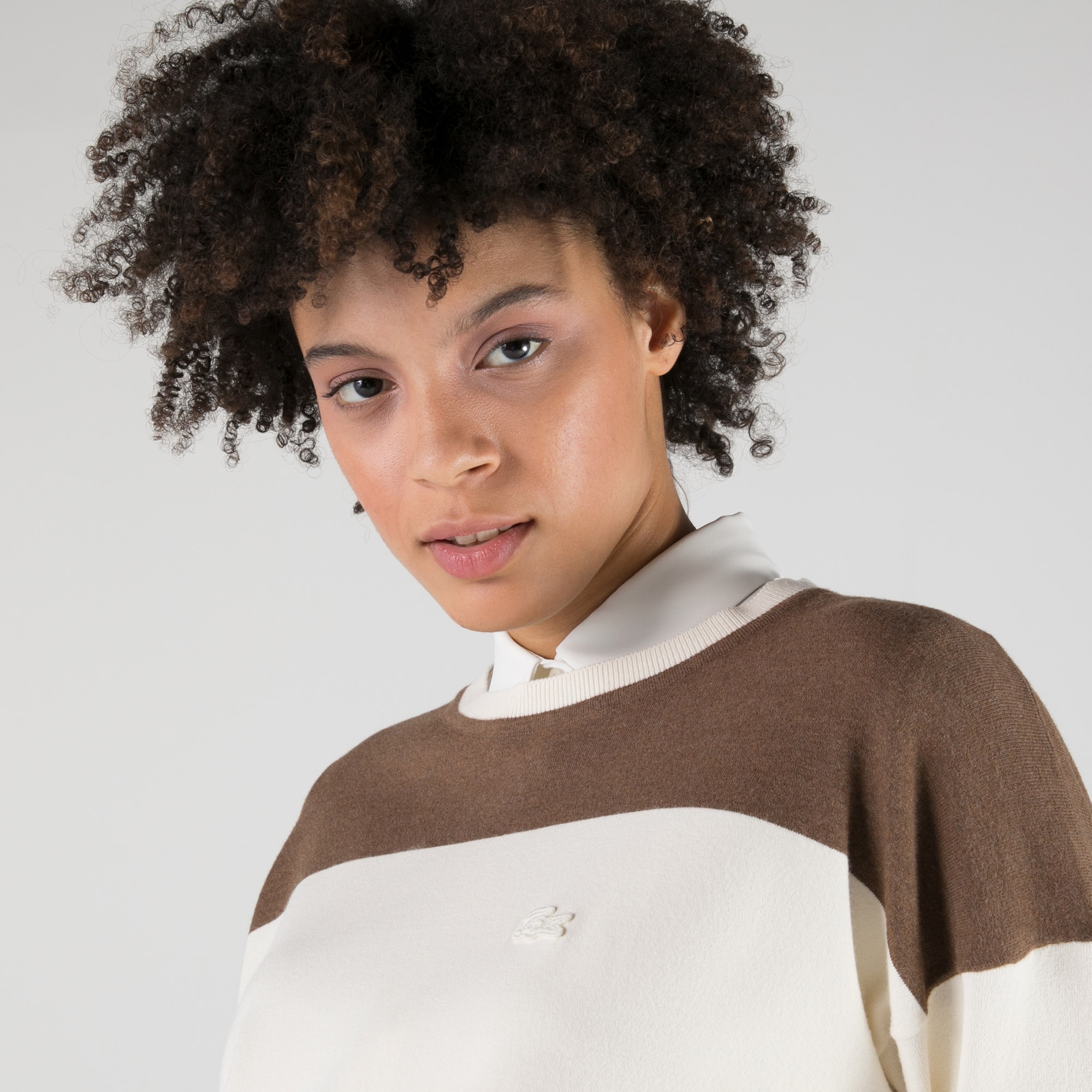 Lacoste Kadın Bisiklet Yaka Renk Bloklu Beyaz Kazak