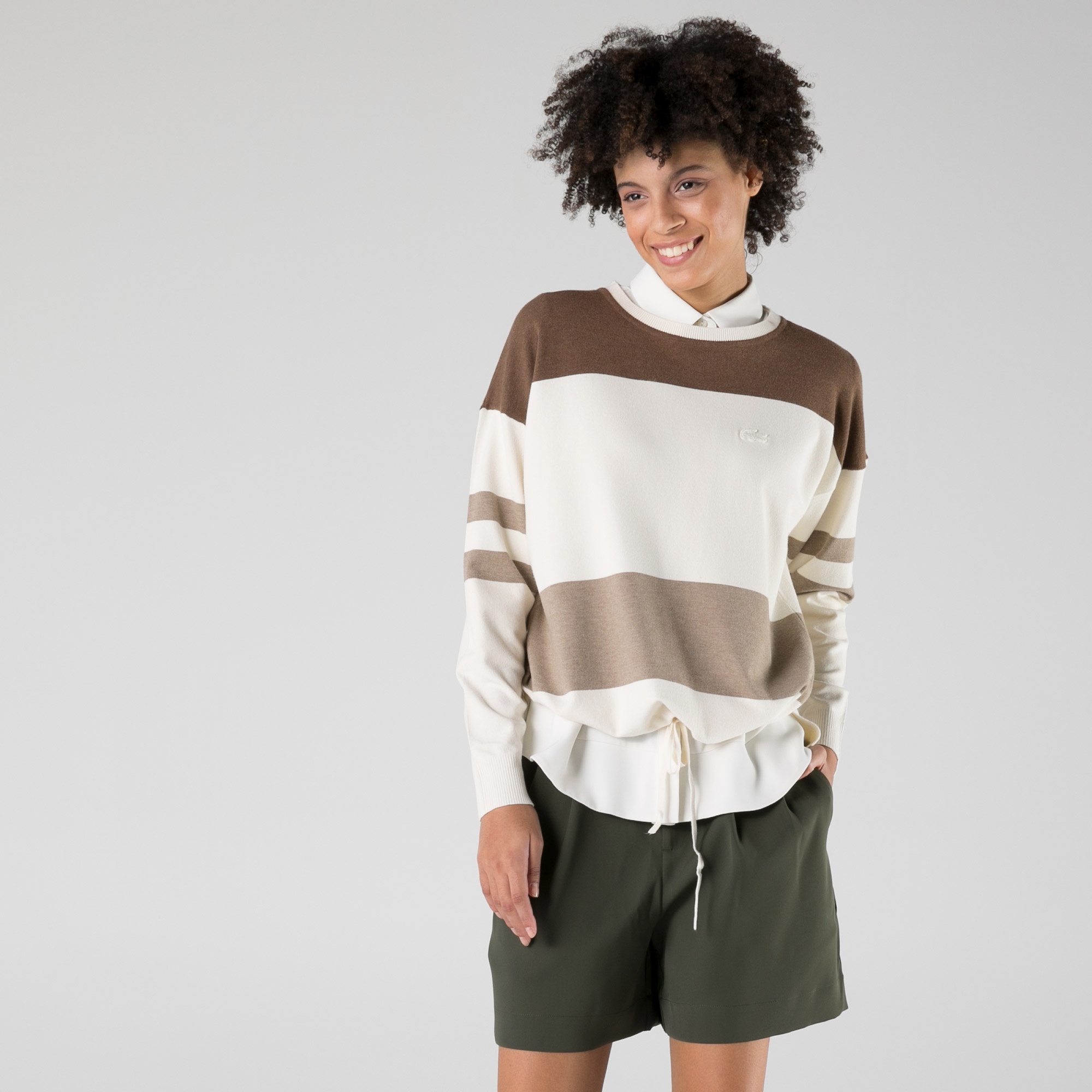 Lacoste Kadın Bisiklet Yaka Renk Bloklu Beyaz Kazak