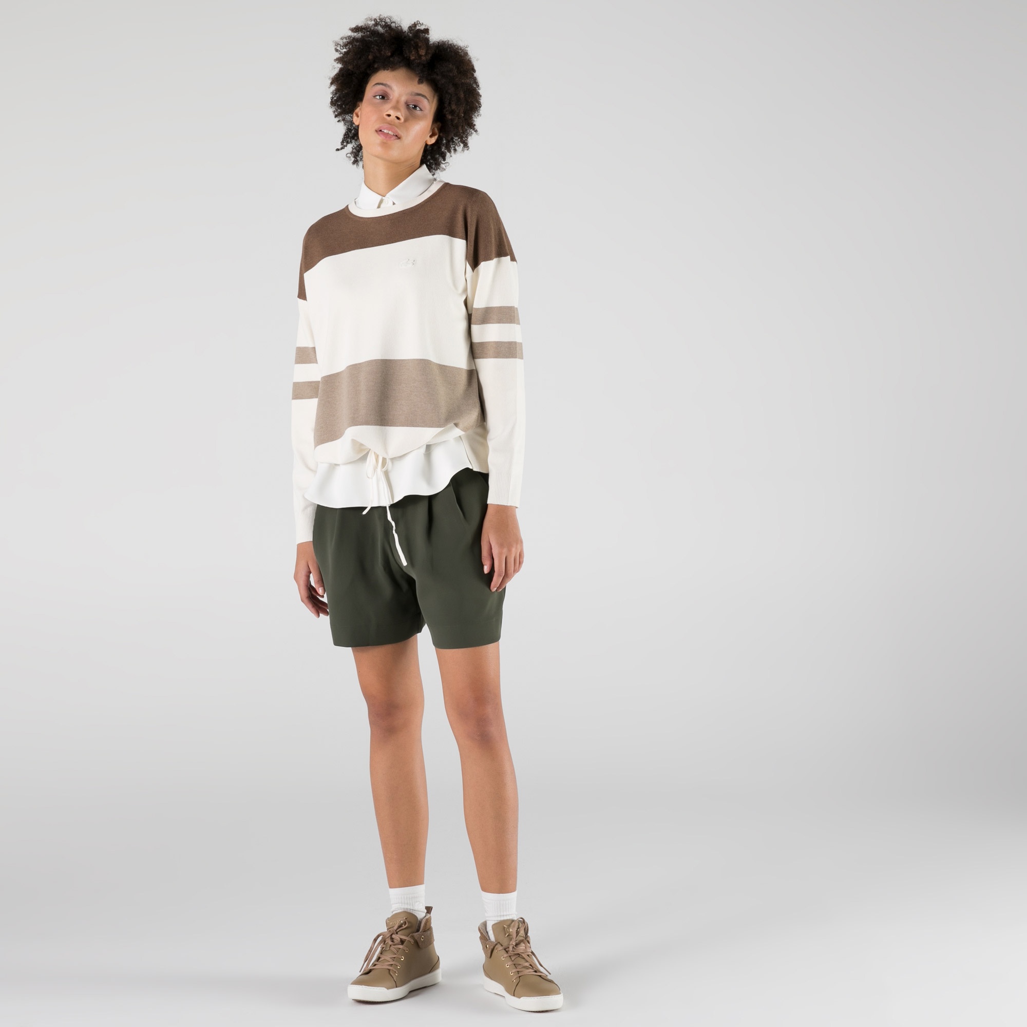 Lacoste Kadın Bisiklet Yaka Renk Bloklu Beyaz Kazak