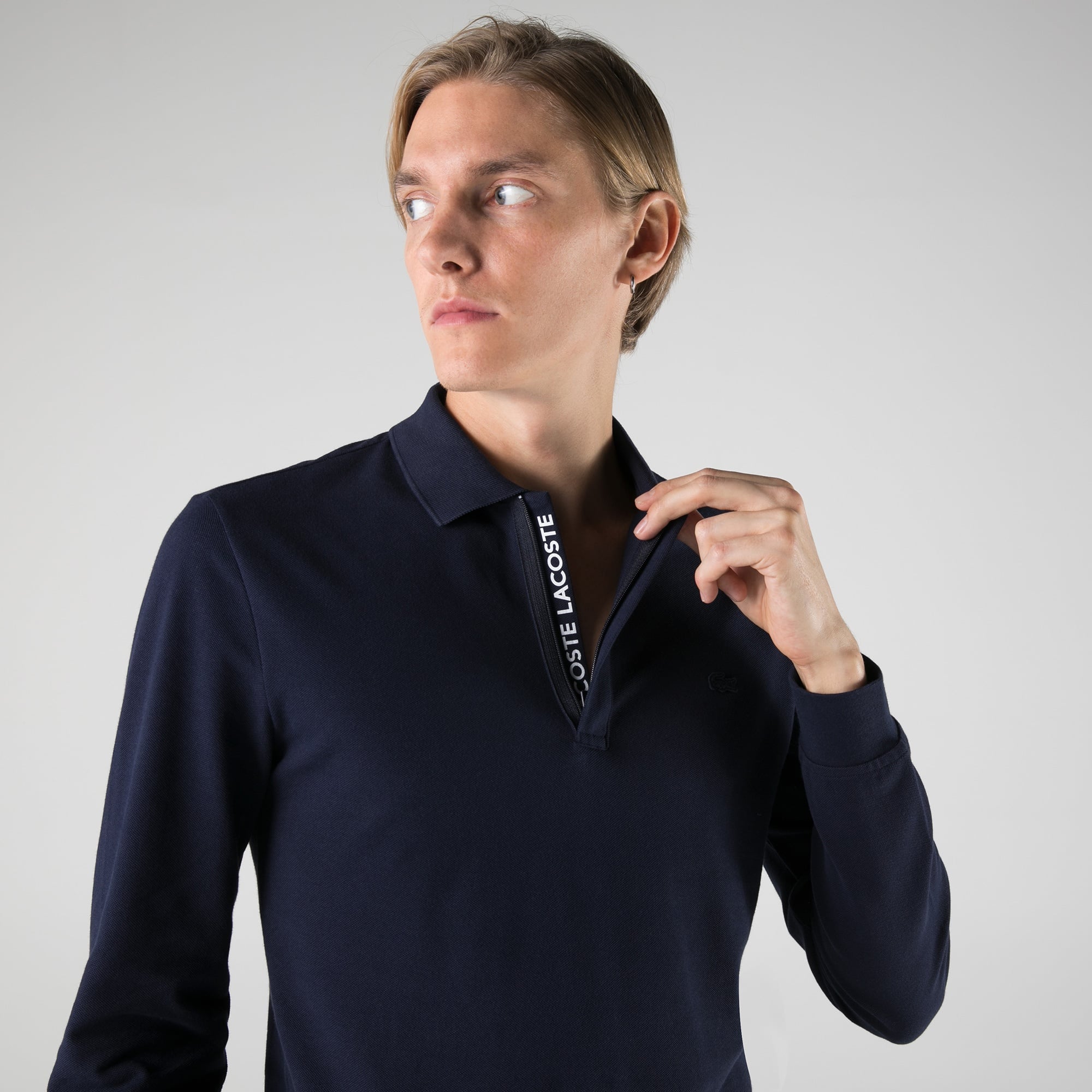 Lacoste Erkek Slim Fit Uzun Kollu Yarım Fermuarlı Lacivert Polo