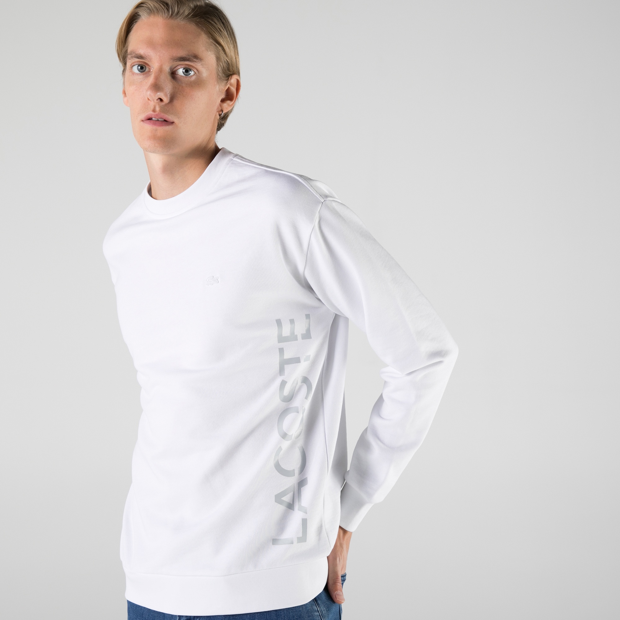 Lacoste Erkek Slim Fit Bisiklet Yaka Baskılı Beyaz Sweatshirt