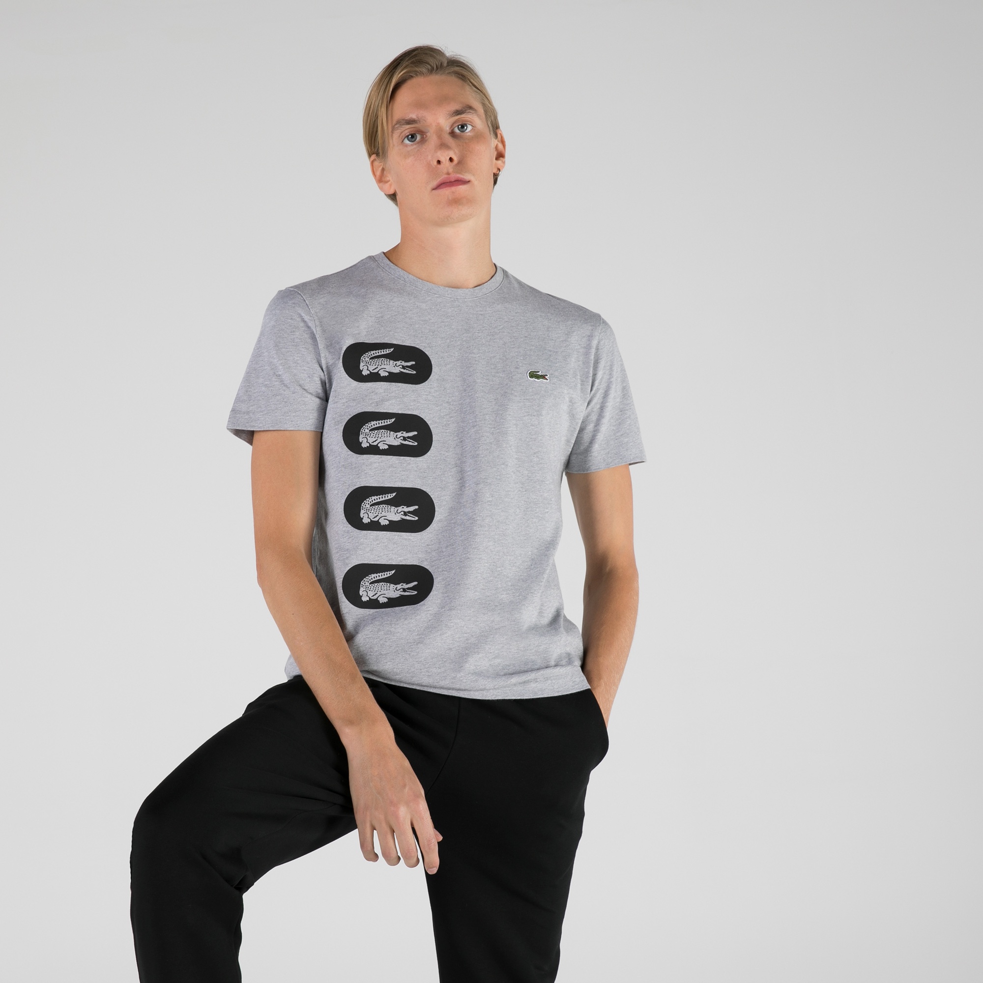 Lacoste Erkek Regular Fit Bisiklet Yaka Baskılı Gri T-Shirt