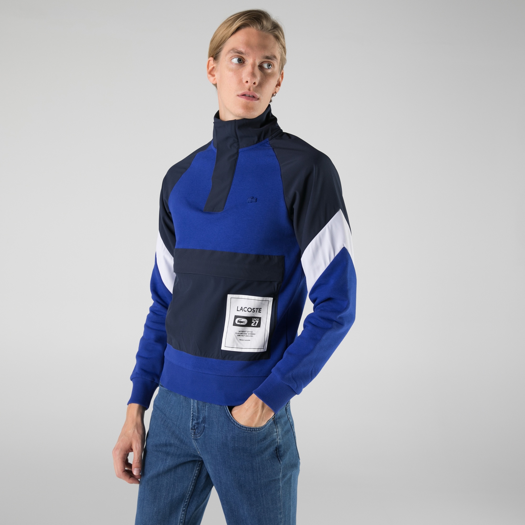 Lacoste Erkek Regular Fit Dik Yaka Renk Bloklu Mavi Sweatshirt