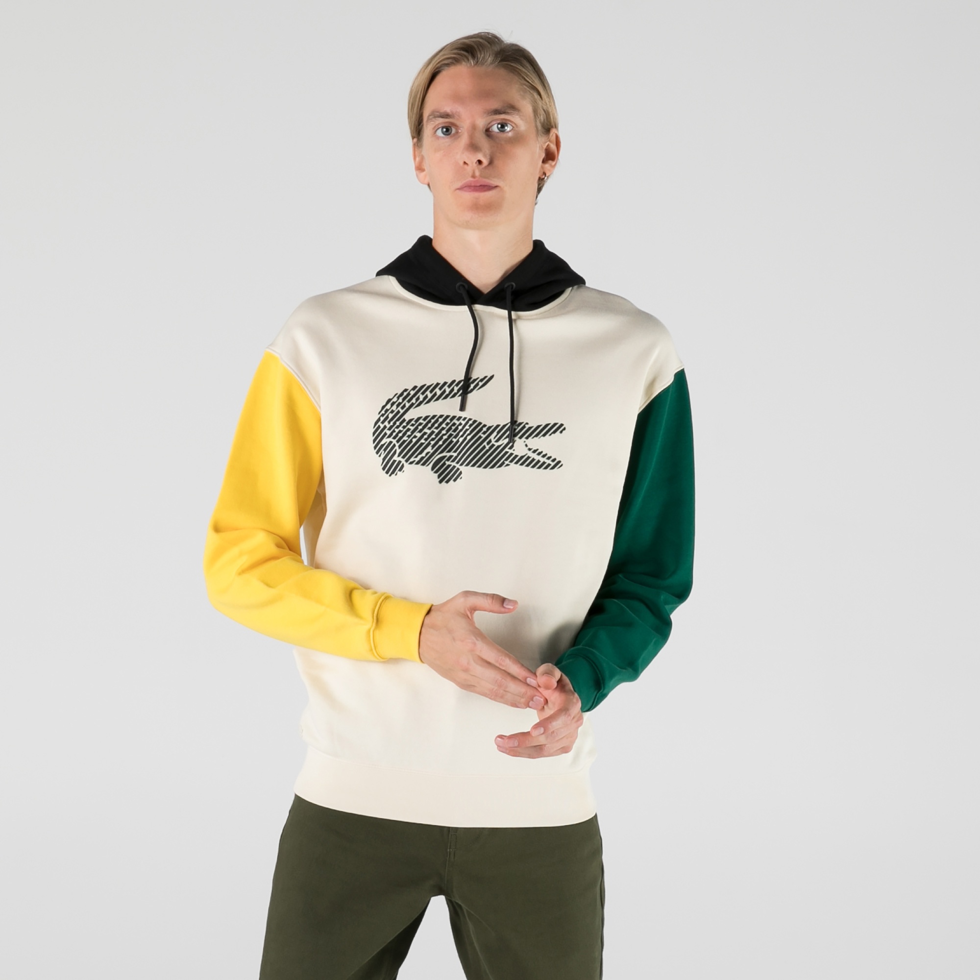 Lacoste Erkek Relaxed Fit Kapüşonlu Renk Bloklu Ekru Sweatshirt
