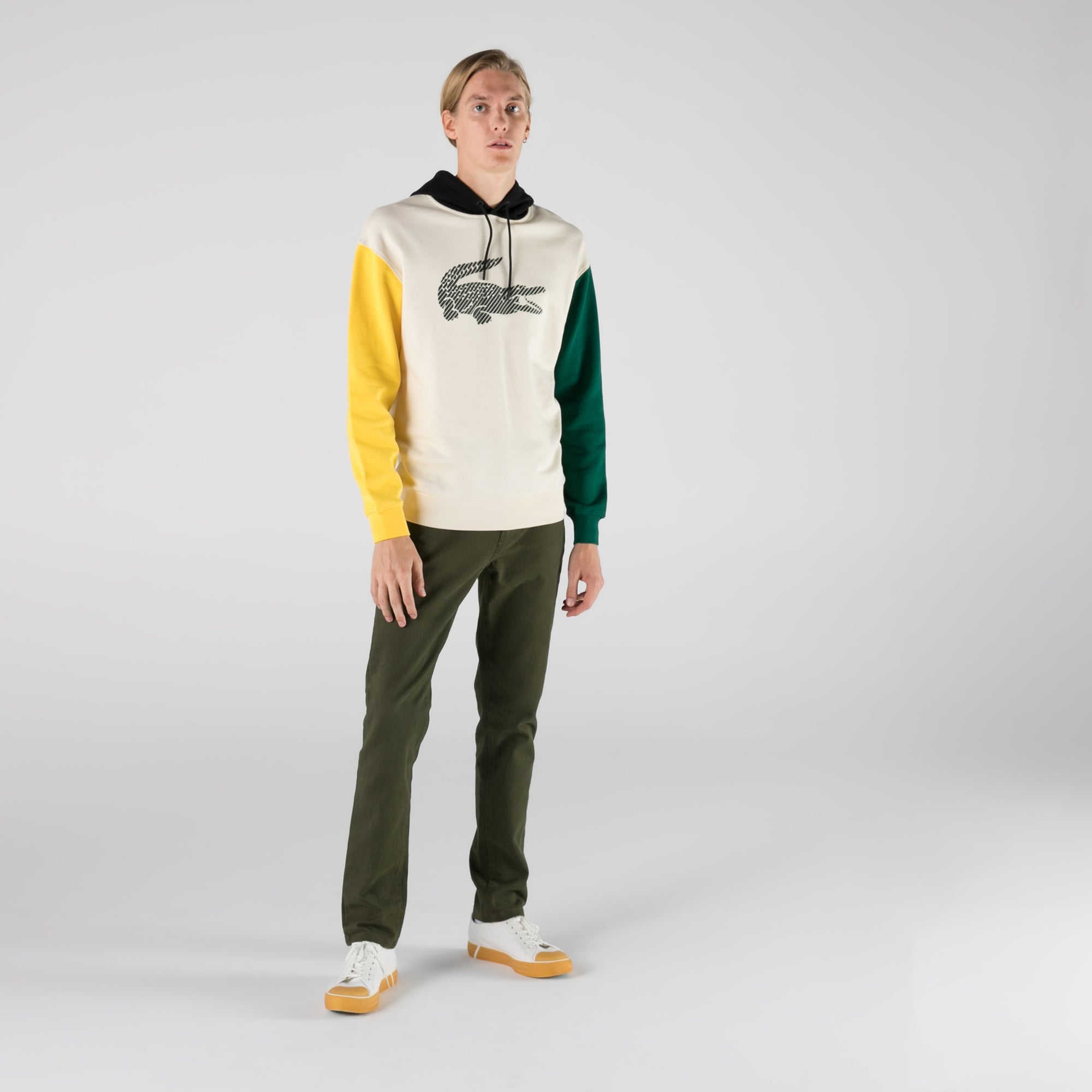 Lacoste Erkek Relaxed Fit Kapüşonlu Renk Bloklu Ekru Sweatshirt