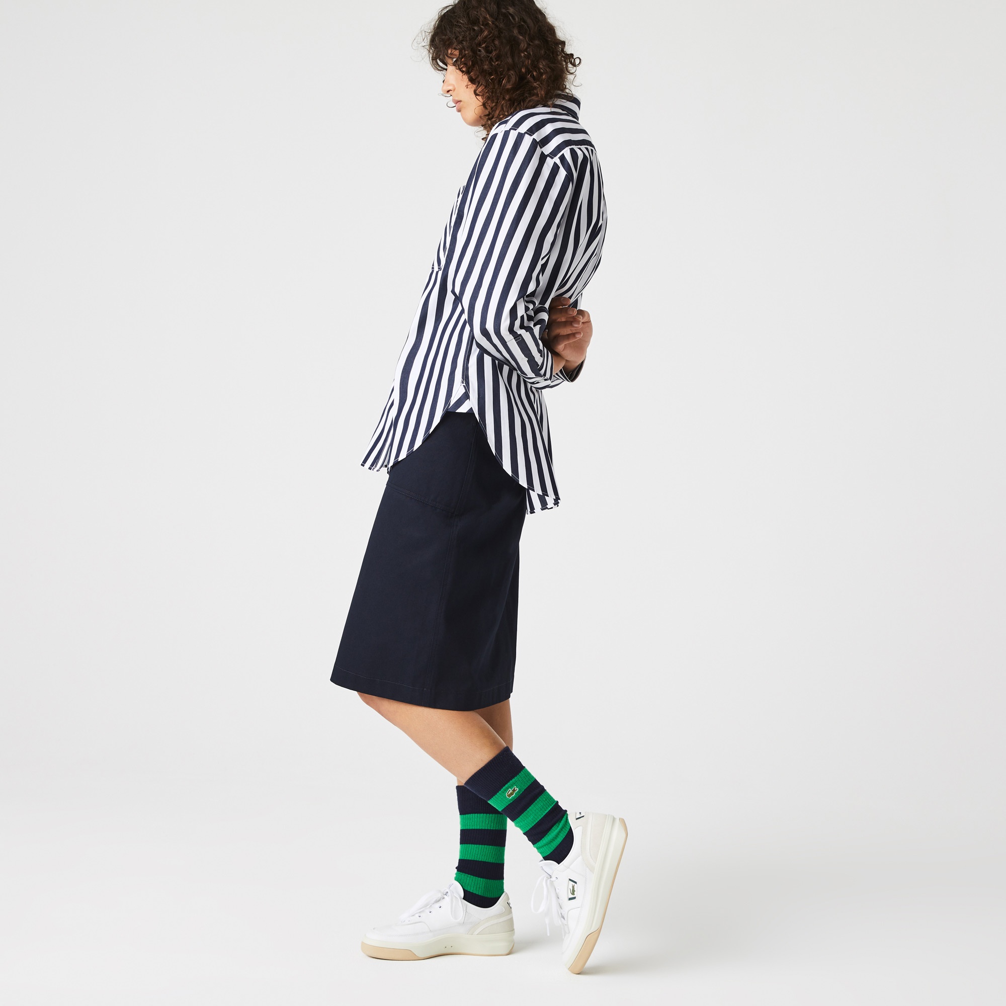 Lacoste Kadın Relaxed Fit Oversize Çizgili Lacivert Gömlek