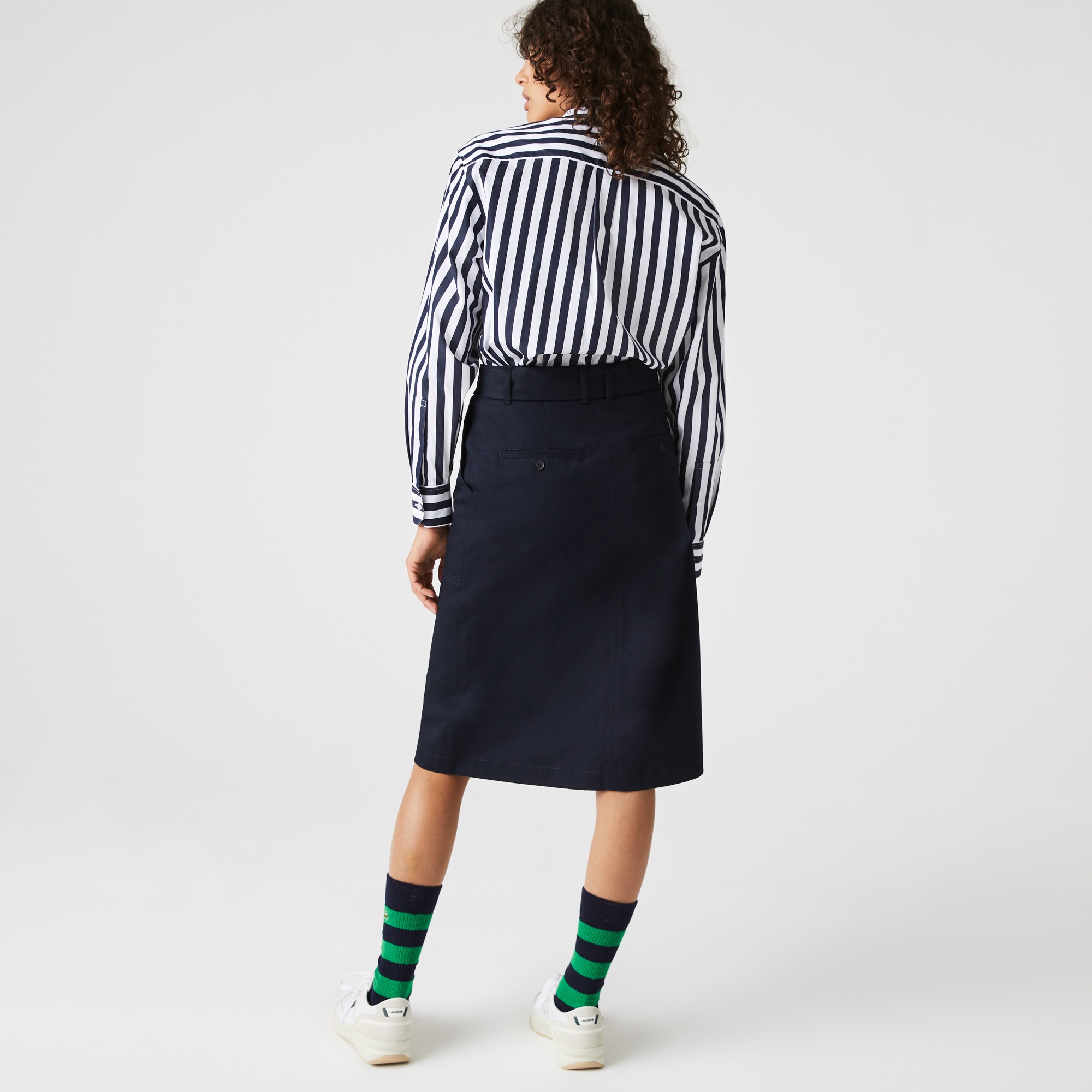 Lacoste Kadın Relaxed Fit Oversize Çizgili Lacivert Gömlek