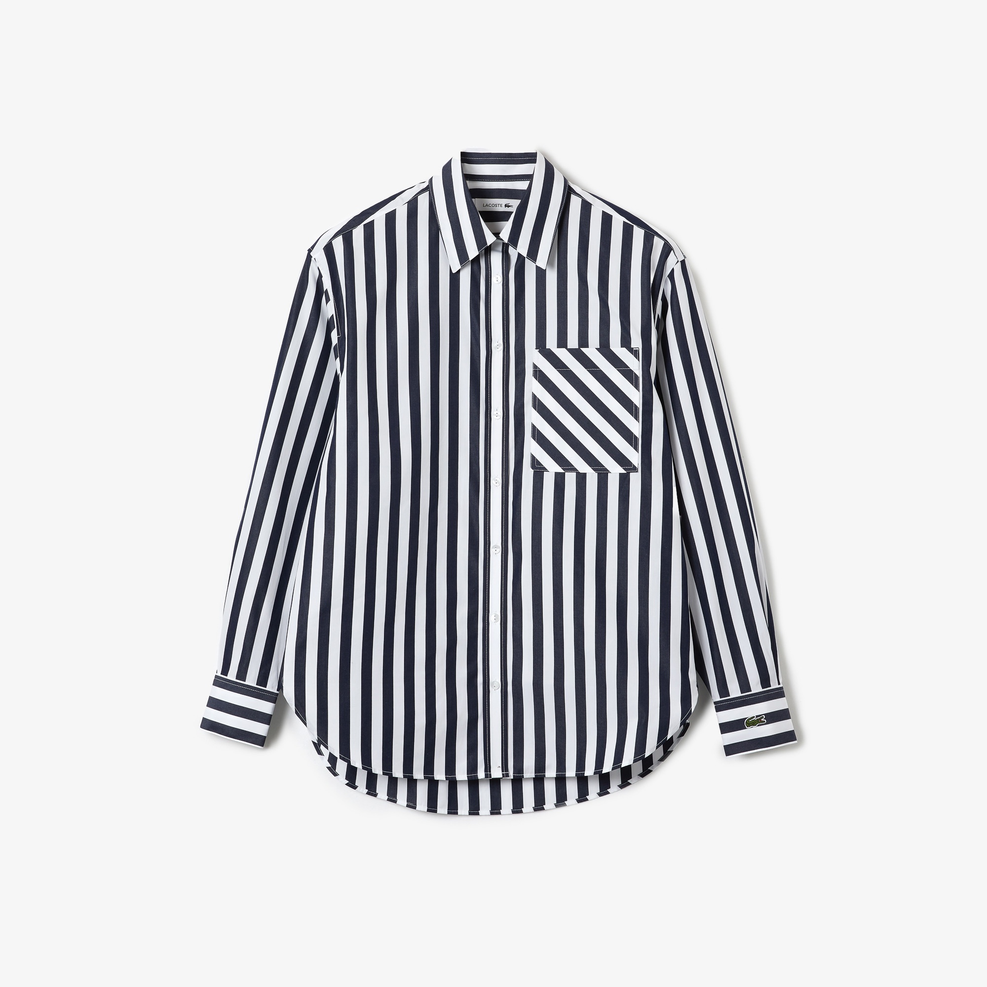 Lacoste Kadın Relaxed Fit Oversize Çizgili Lacivert Gömlek