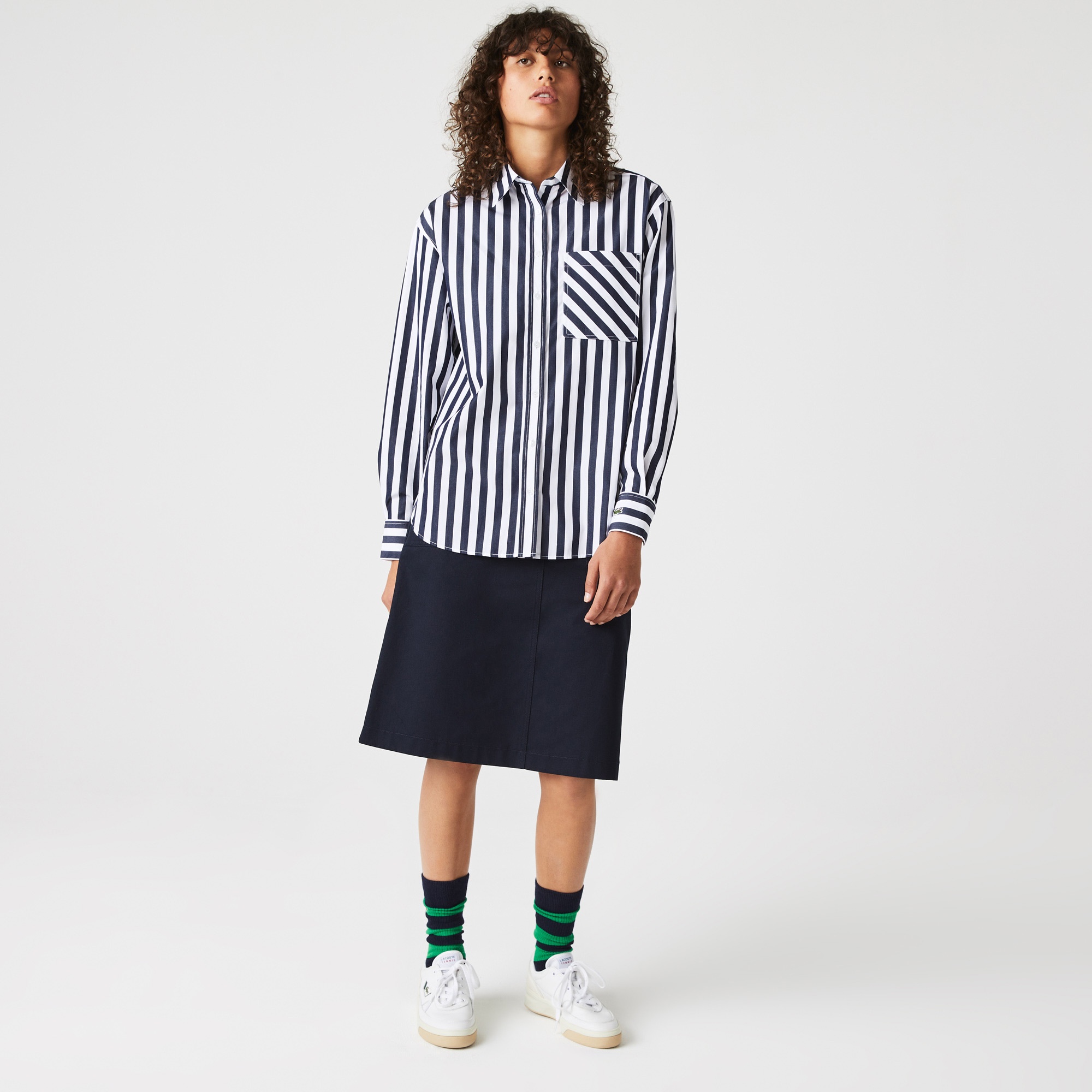 Lacoste Kadın Relaxed Fit Oversize Çizgili Lacivert Gömlek