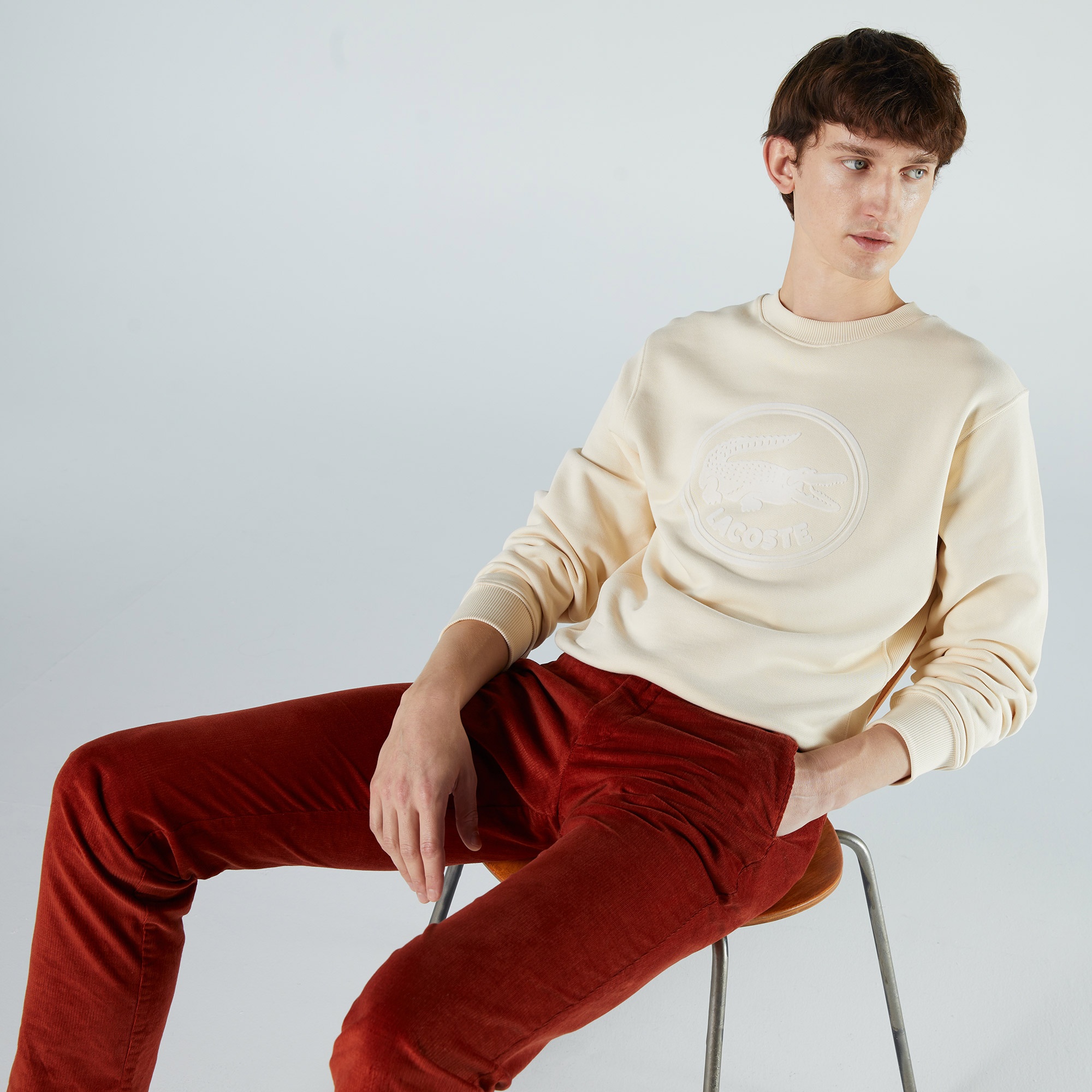 Lacoste Unisex Classic Fit Bisiklet Yaka Baskılı Bej Sweatshirt