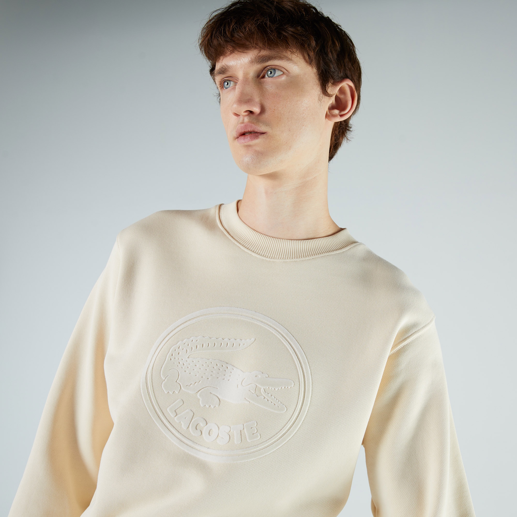 Lacoste Unisex Classic Fit Bisiklet Yaka Baskılı Bej Sweatshirt