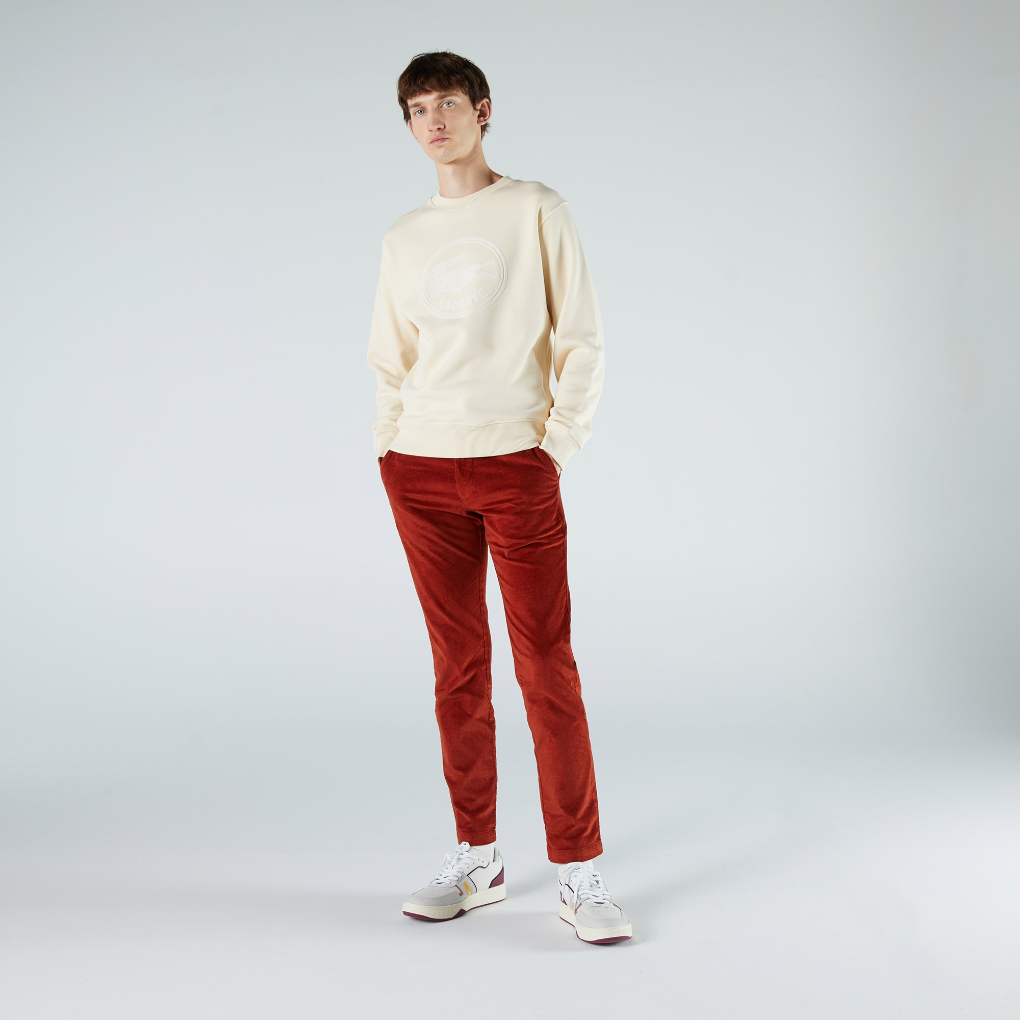 Lacoste Unisex Classic Fit Bisiklet Yaka Baskılı Bej Sweatshirt