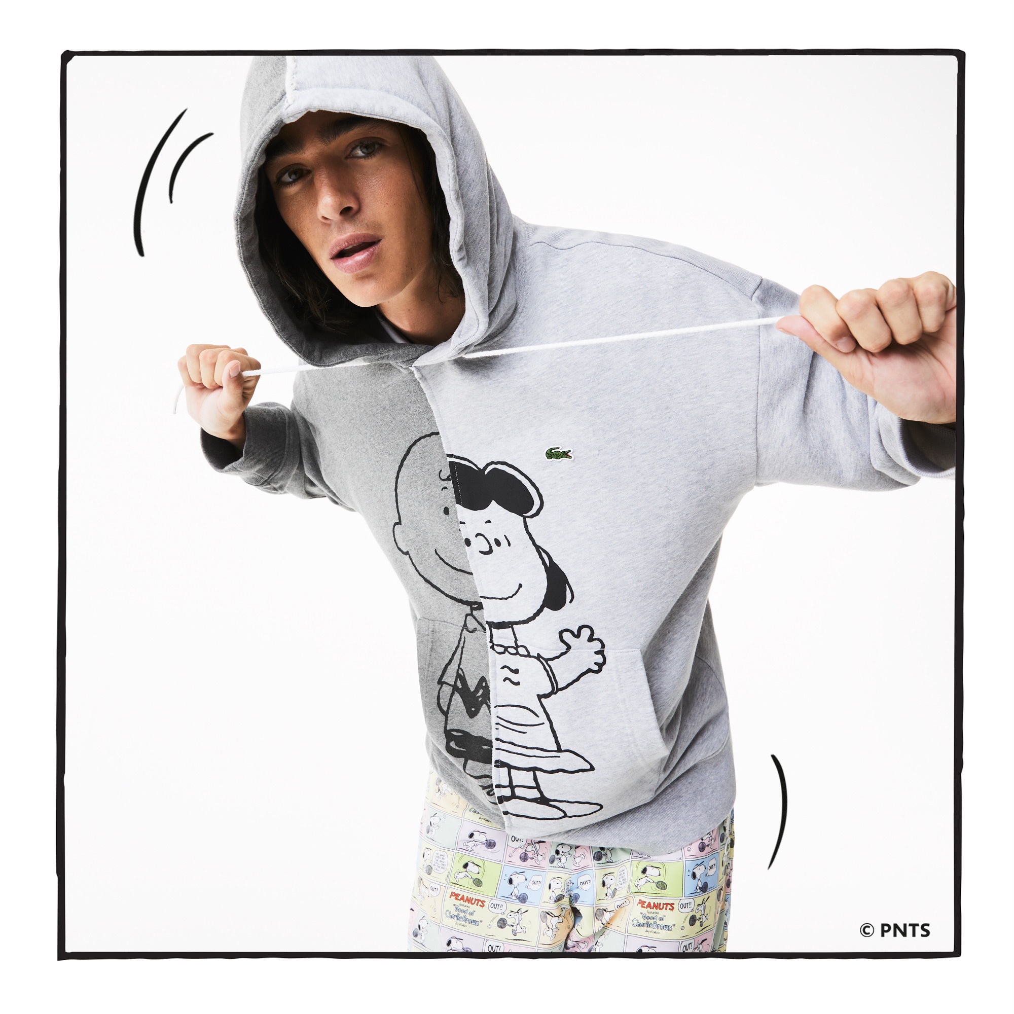 Lacoste X Peanuts Unisex Loose Fit Kapüşonlu Desenli Gri Sweatshirt