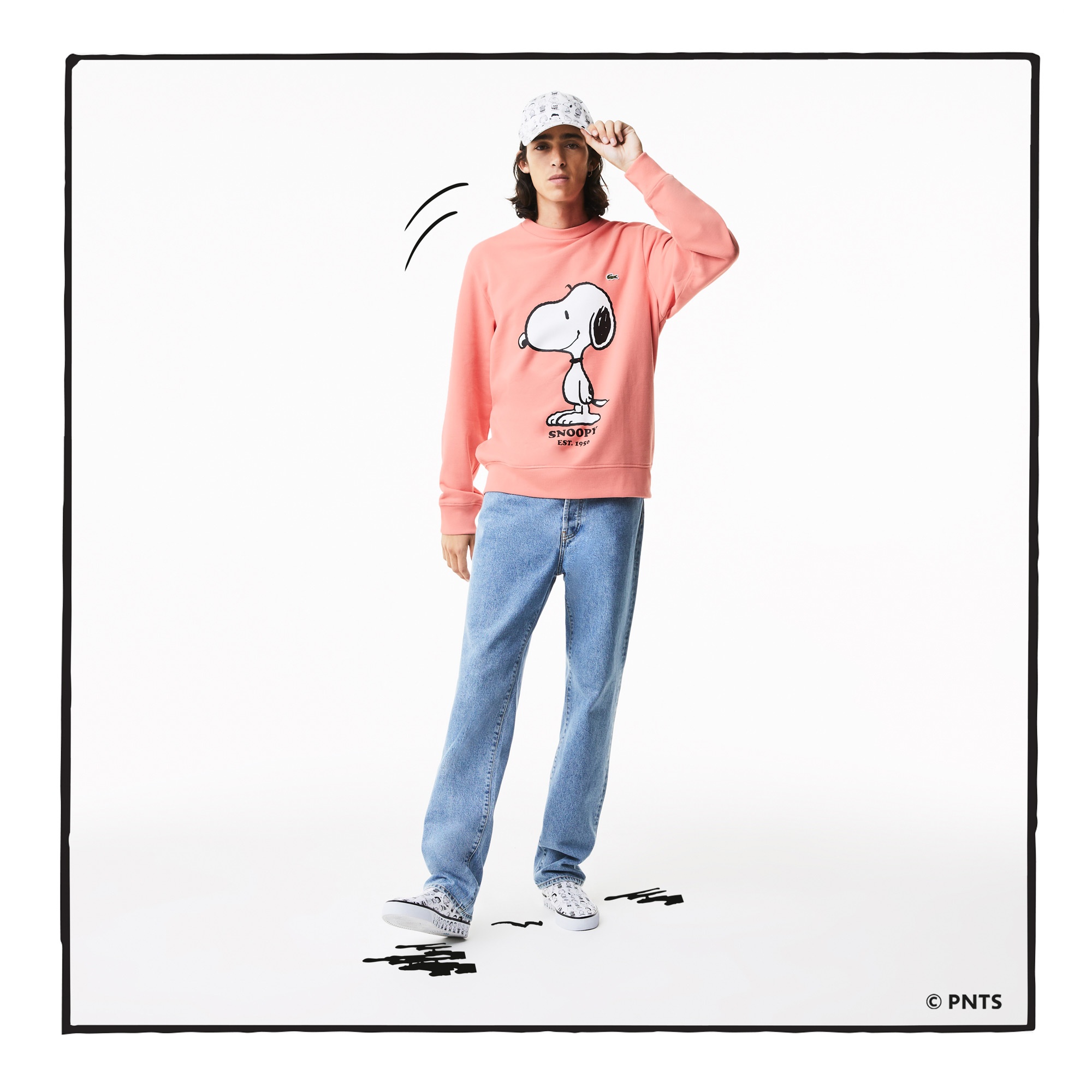 Lacoste X Peanuts Unisex Classic Fit Bisiklet Yaka Desenli Pembe Sweatshirt