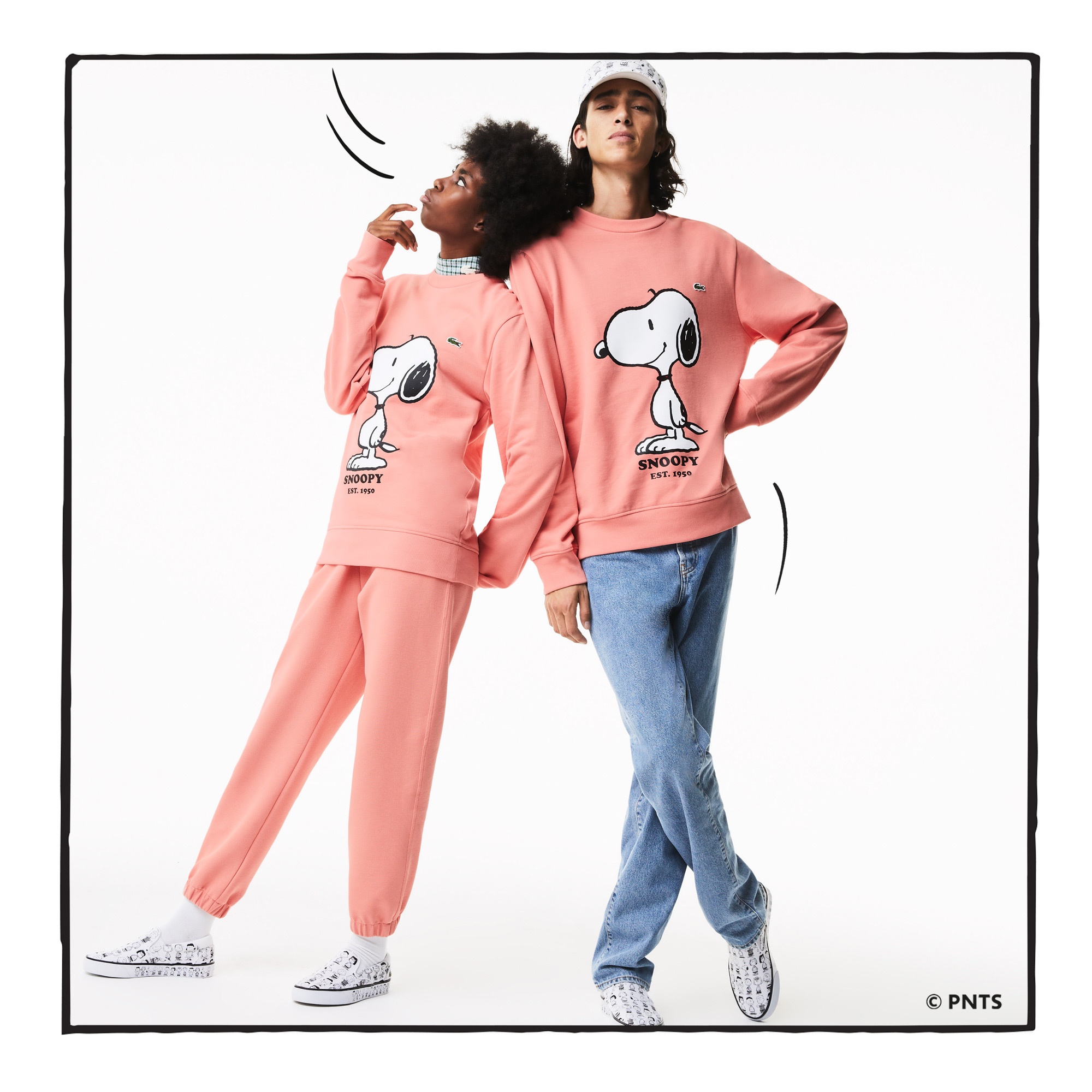Lacoste X Peanuts Unisex Classic Fit Bisiklet Yaka Desenli Pembe Sweatshirt