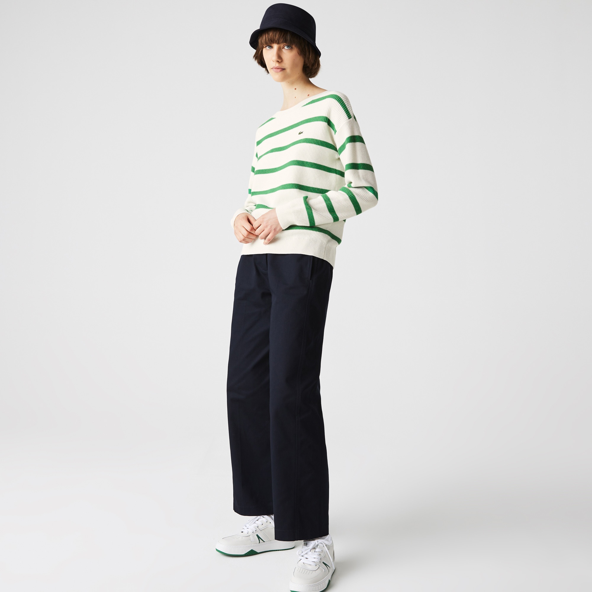 Lacoste Kadın Bisiklet Yaka Çizgili Beyaz Kazak