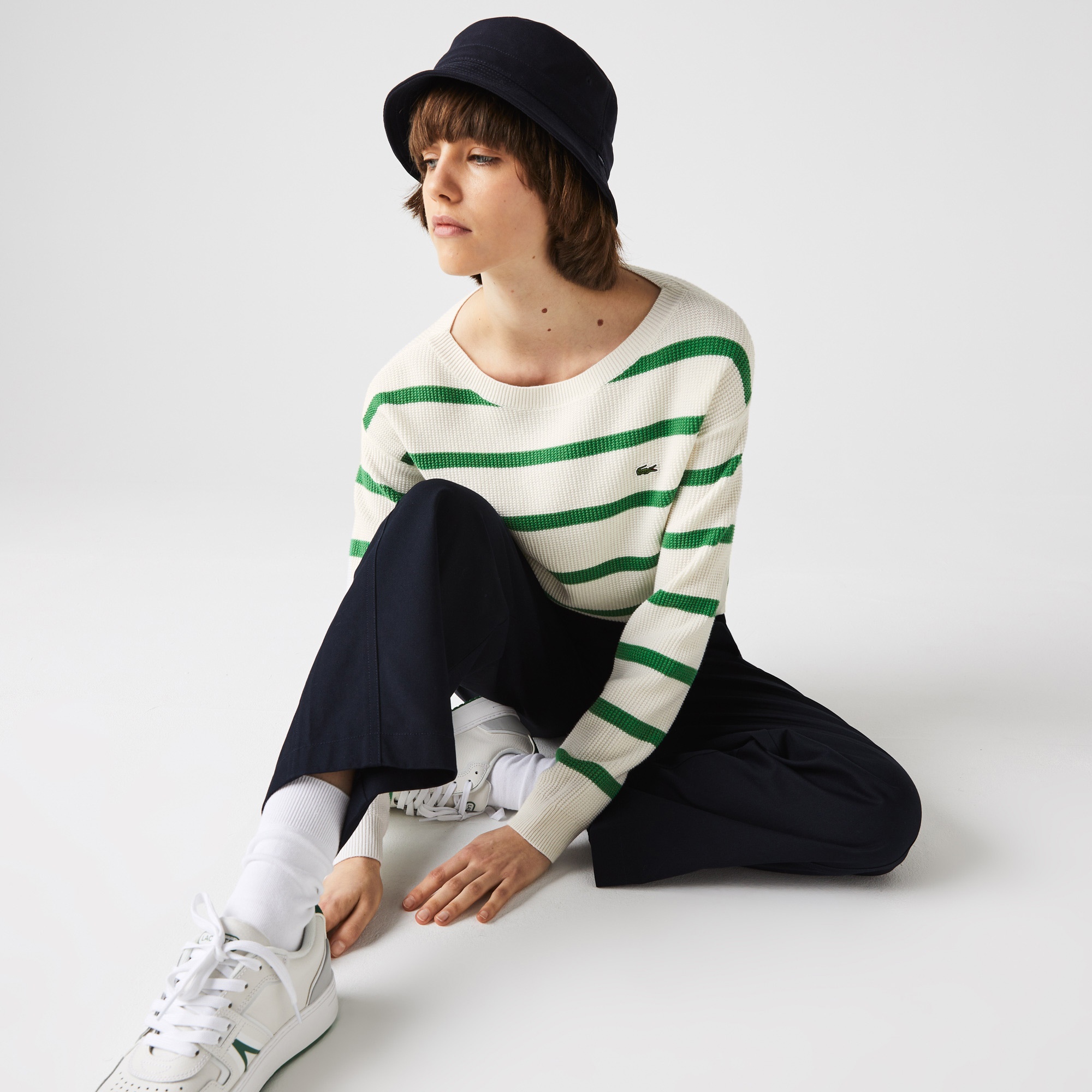 Lacoste Kadın Bisiklet Yaka Çizgili Beyaz Kazak