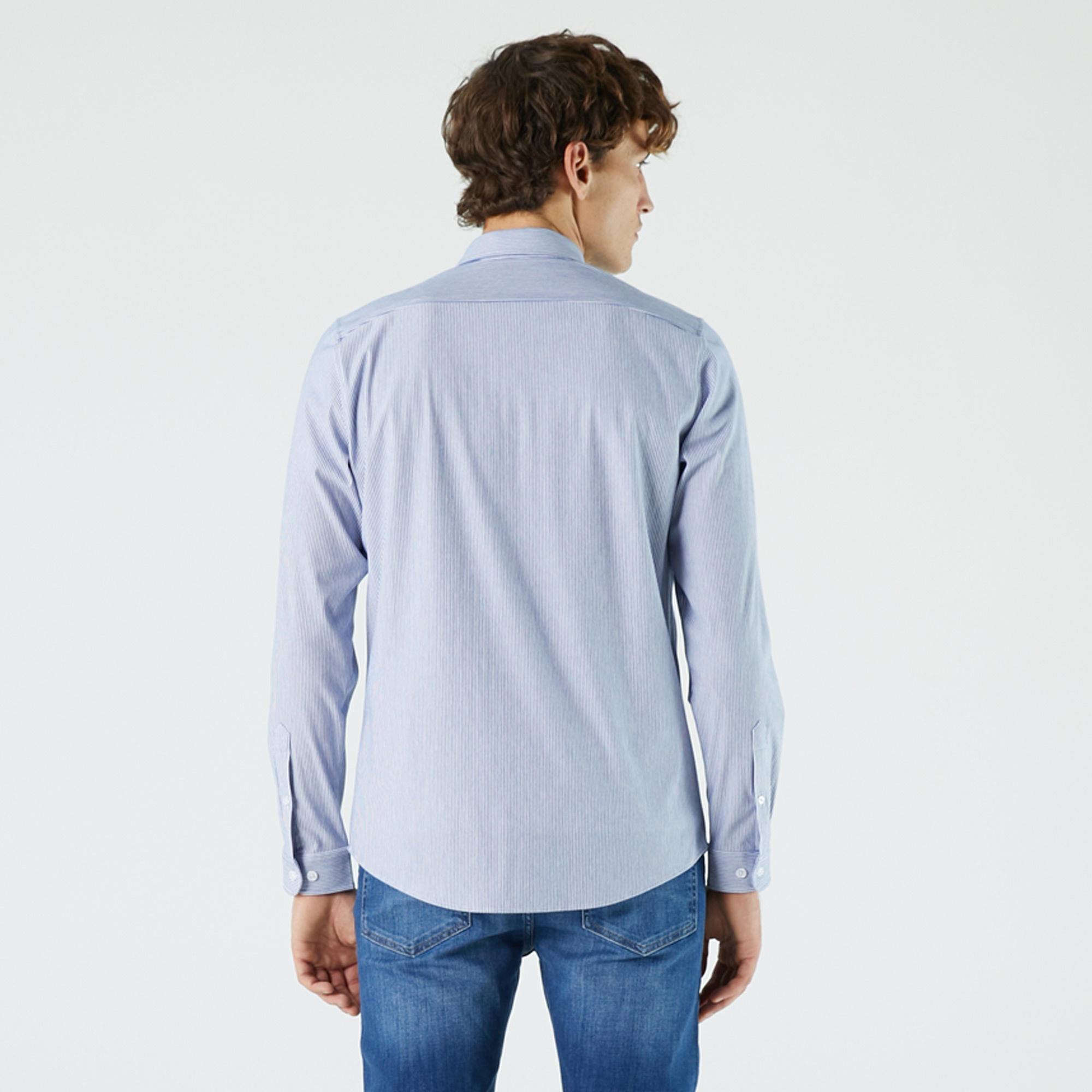 Lacoste Erkek Slim Fit Çizgili Mavi Gömlek