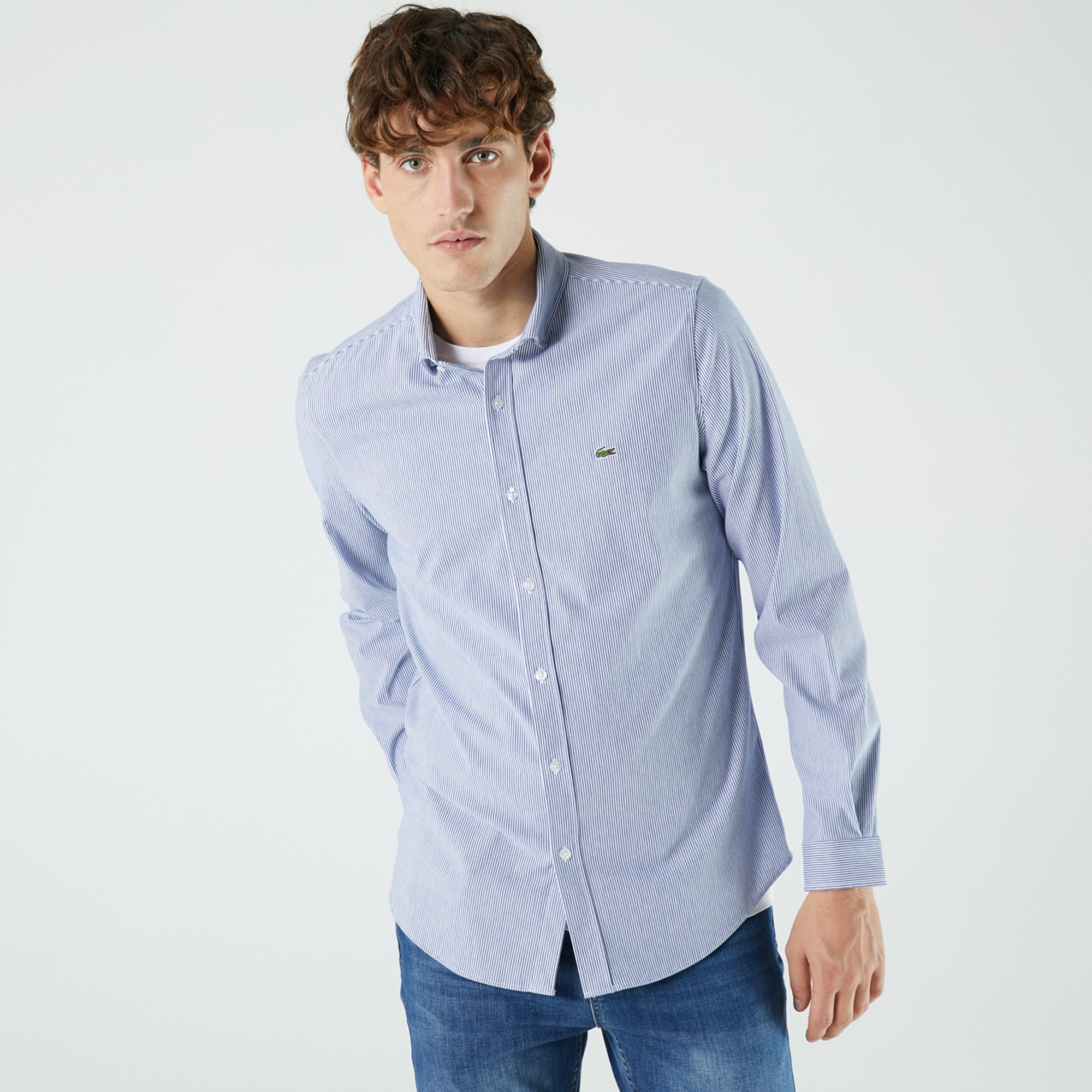 Lacoste Erkek Slim Fit Çizgili Mavi Gömlek