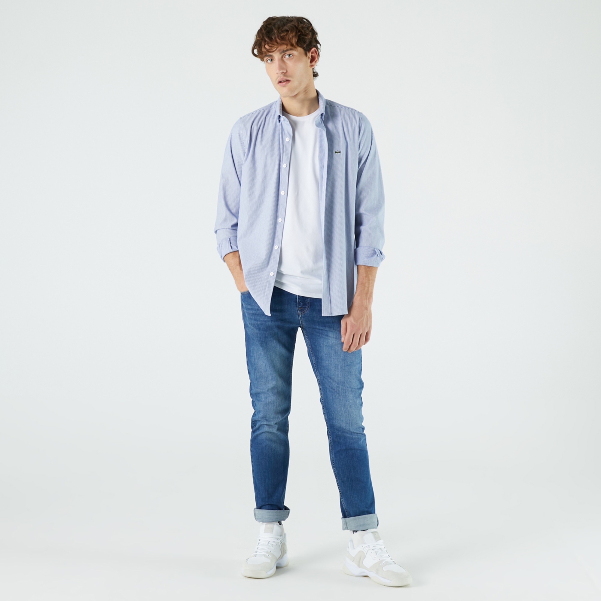 Lacoste Erkek Slim Fit Çizgili Mavi Gömlek
