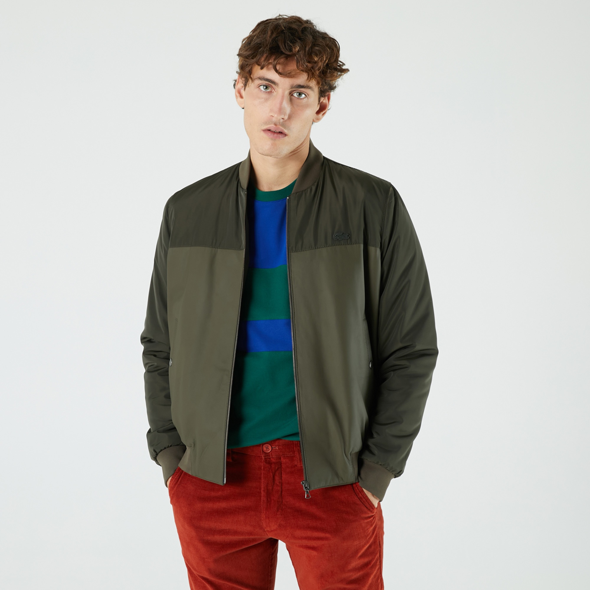 Lacoste Erkek Renk Bloklu Haki Bomber Ceket