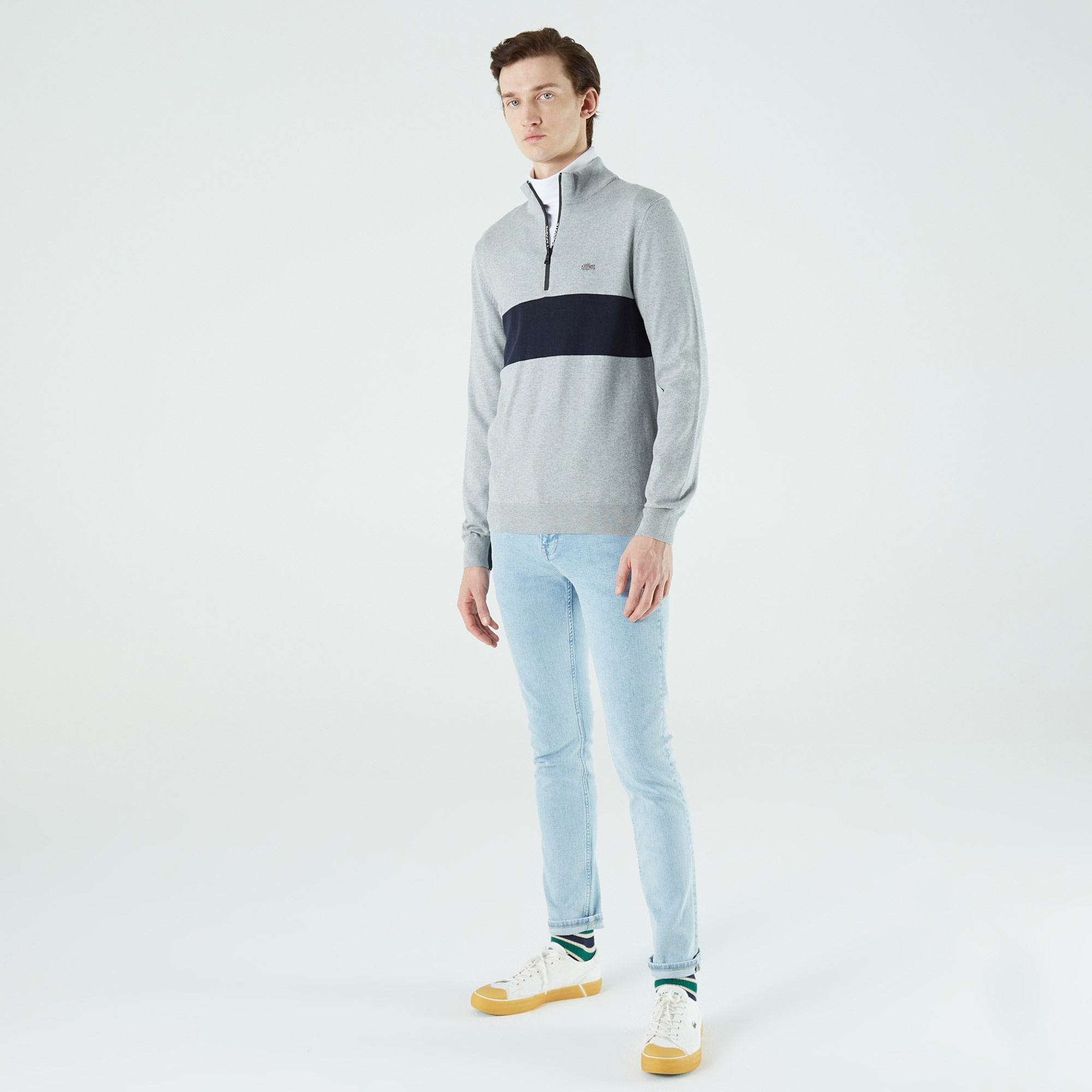 Lacoste Erkek Regular Fit Yarım Fermuarlı Renk Bloklu Gri Kazak