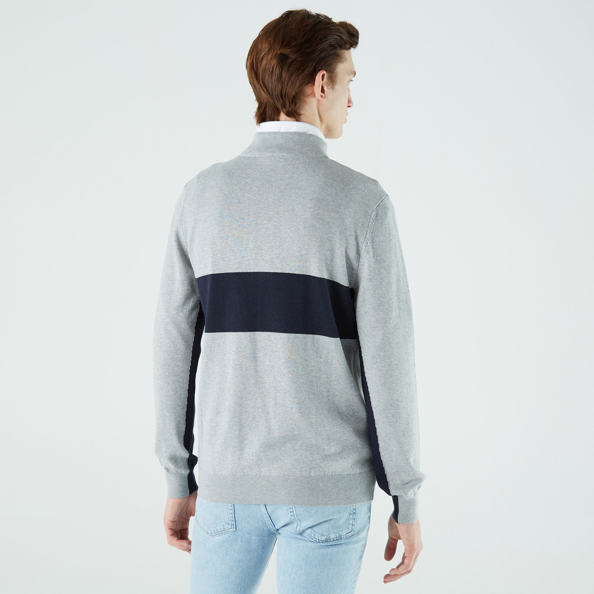 Lacoste Erkek Regular Fit Yarım Fermuarlı Renk Bloklu Gri Kazak