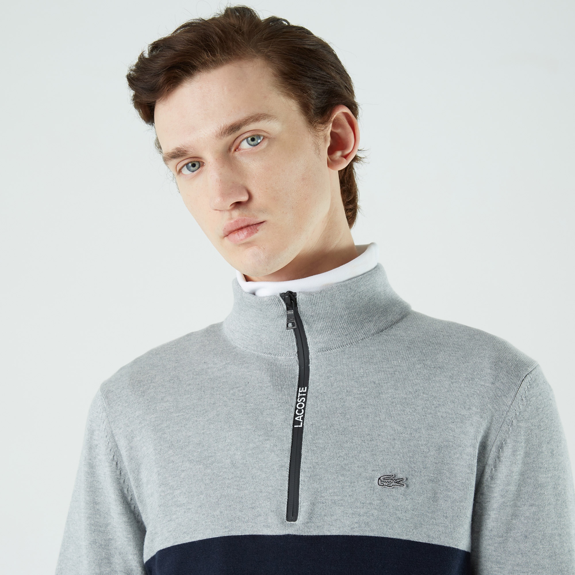 Lacoste Erkek Regular Fit Yarım Fermuarlı Renk Bloklu Gri Kazak