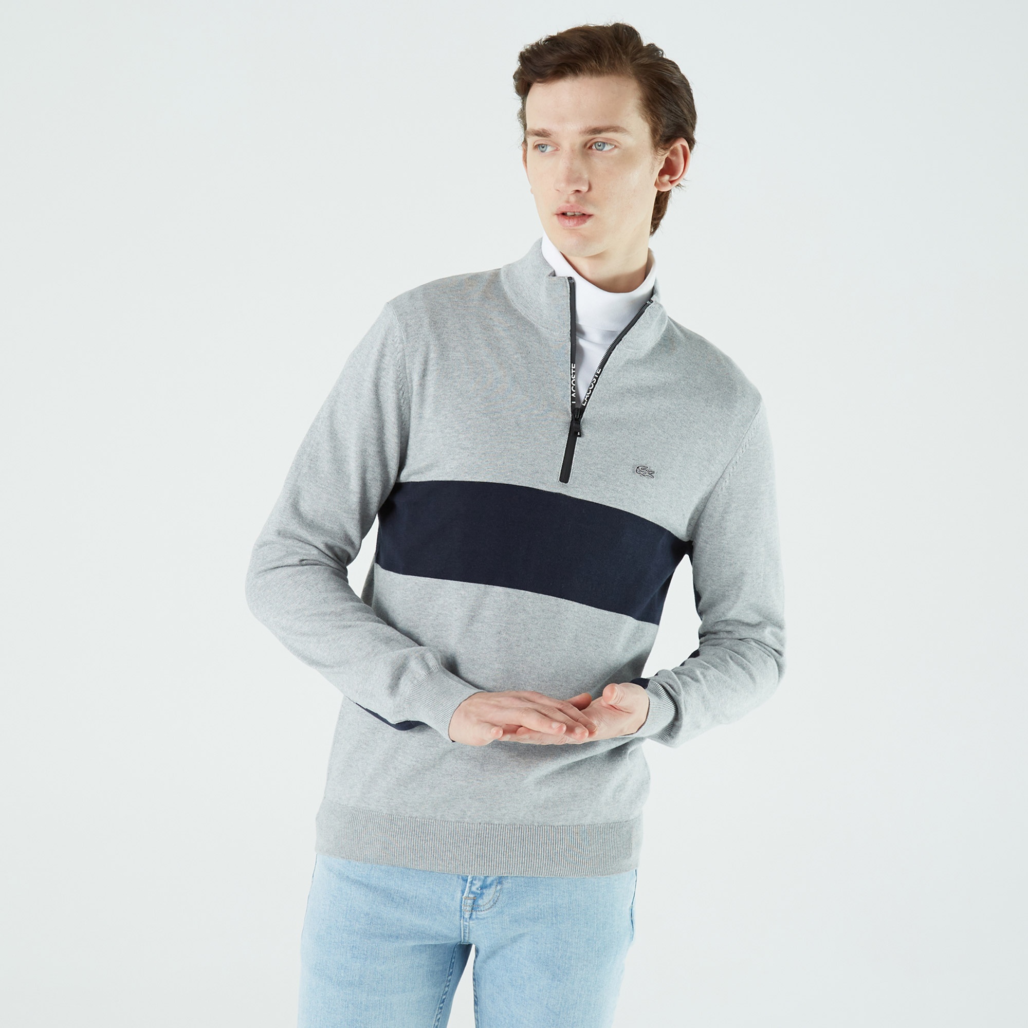Lacoste Erkek Regular Fit Yarım Fermuarlı Renk Bloklu Gri Kazak