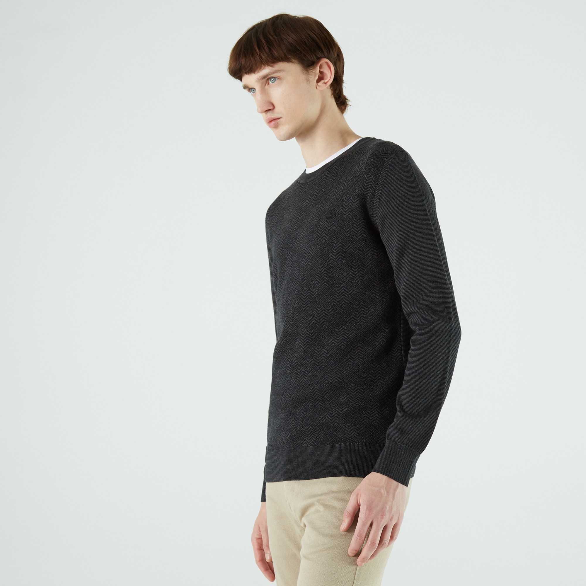 Lacoste Erkek Regular Fit Bisiklet Yaka Desenli Siyah Kazak