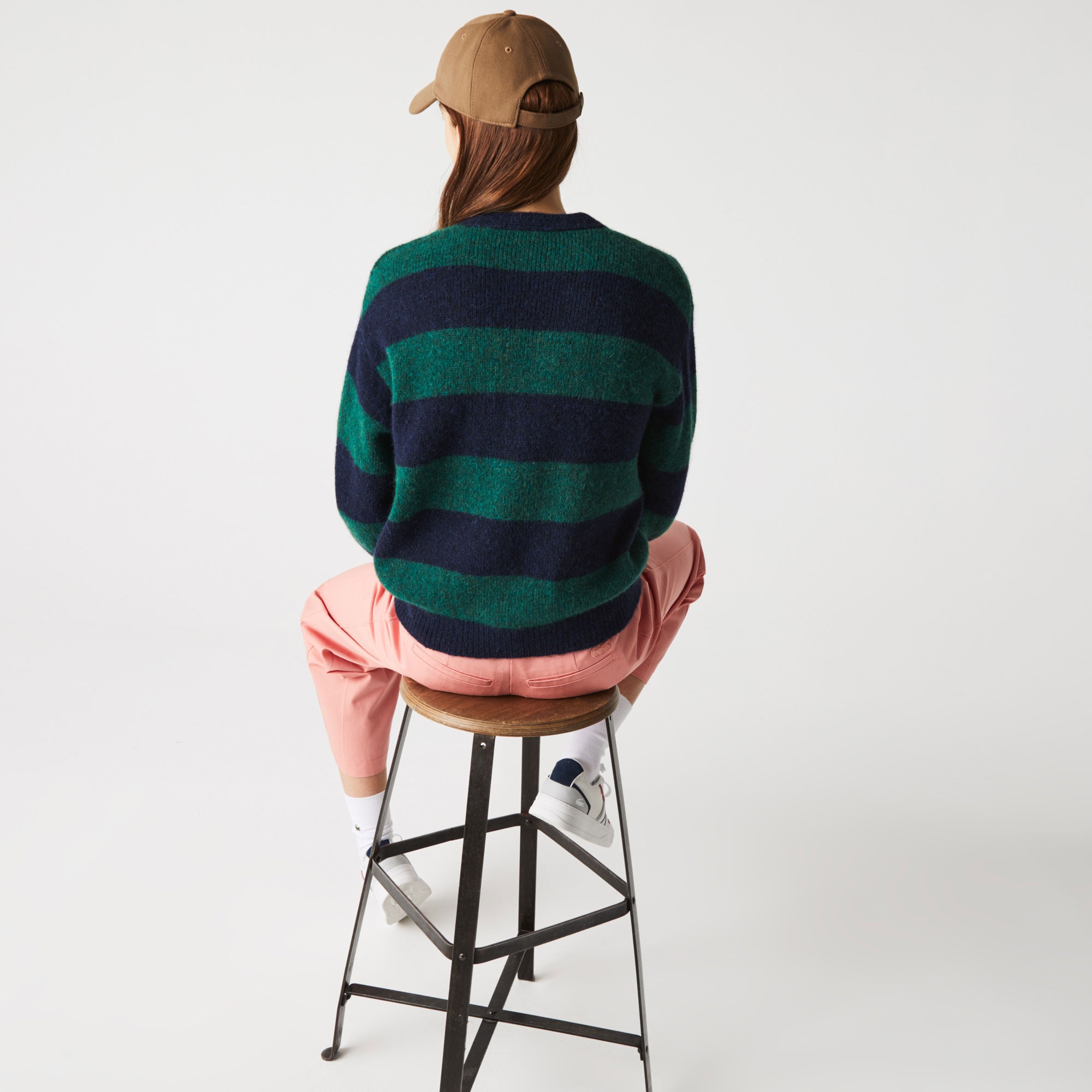 Lacoste Kadın Regular Fit V Yaka Çizgili Yeşil Hırka