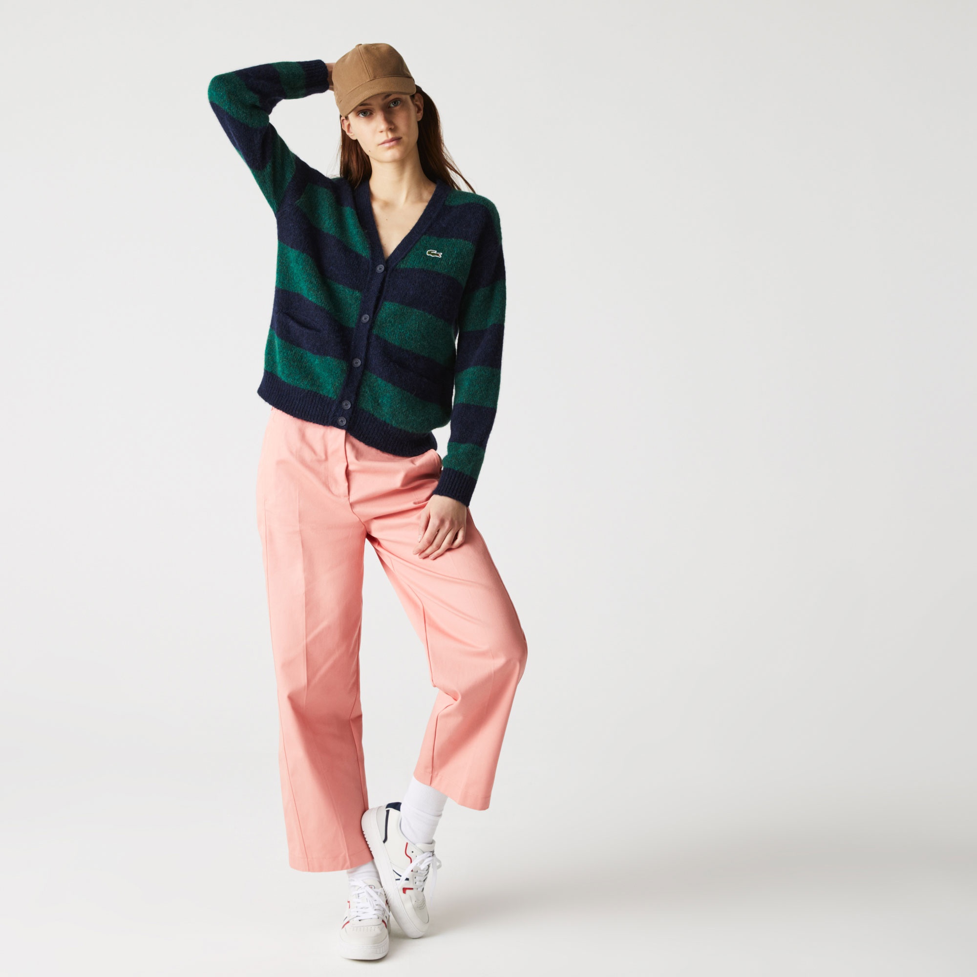 Lacoste Kadın Regular Fit V Yaka Çizgili Yeşil Hırka