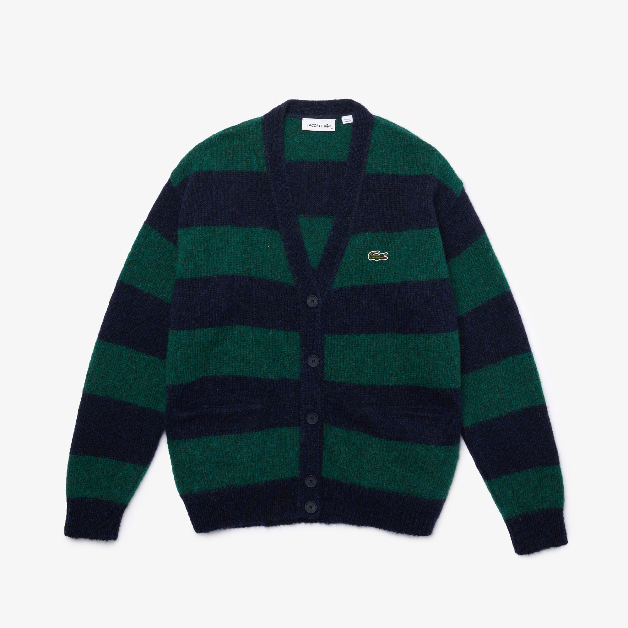 Lacoste Kadın Regular Fit V Yaka Çizgili Yeşil Hırka