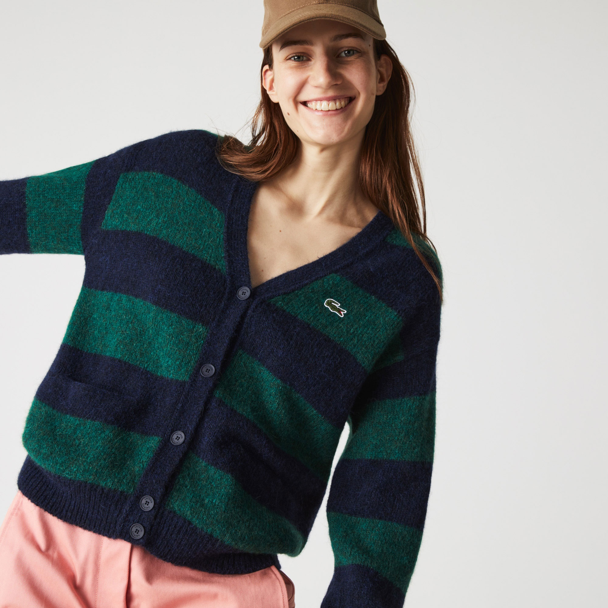 Lacoste Kadın Regular Fit V Yaka Çizgili Yeşil Hırka