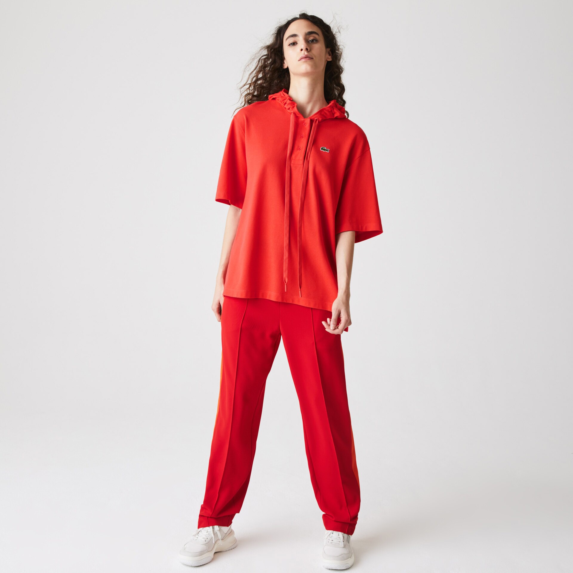 Lacoste L!ve Organik Pamuk Kadın Relaxed Fit Kapüşonlu Kırmızı Polo