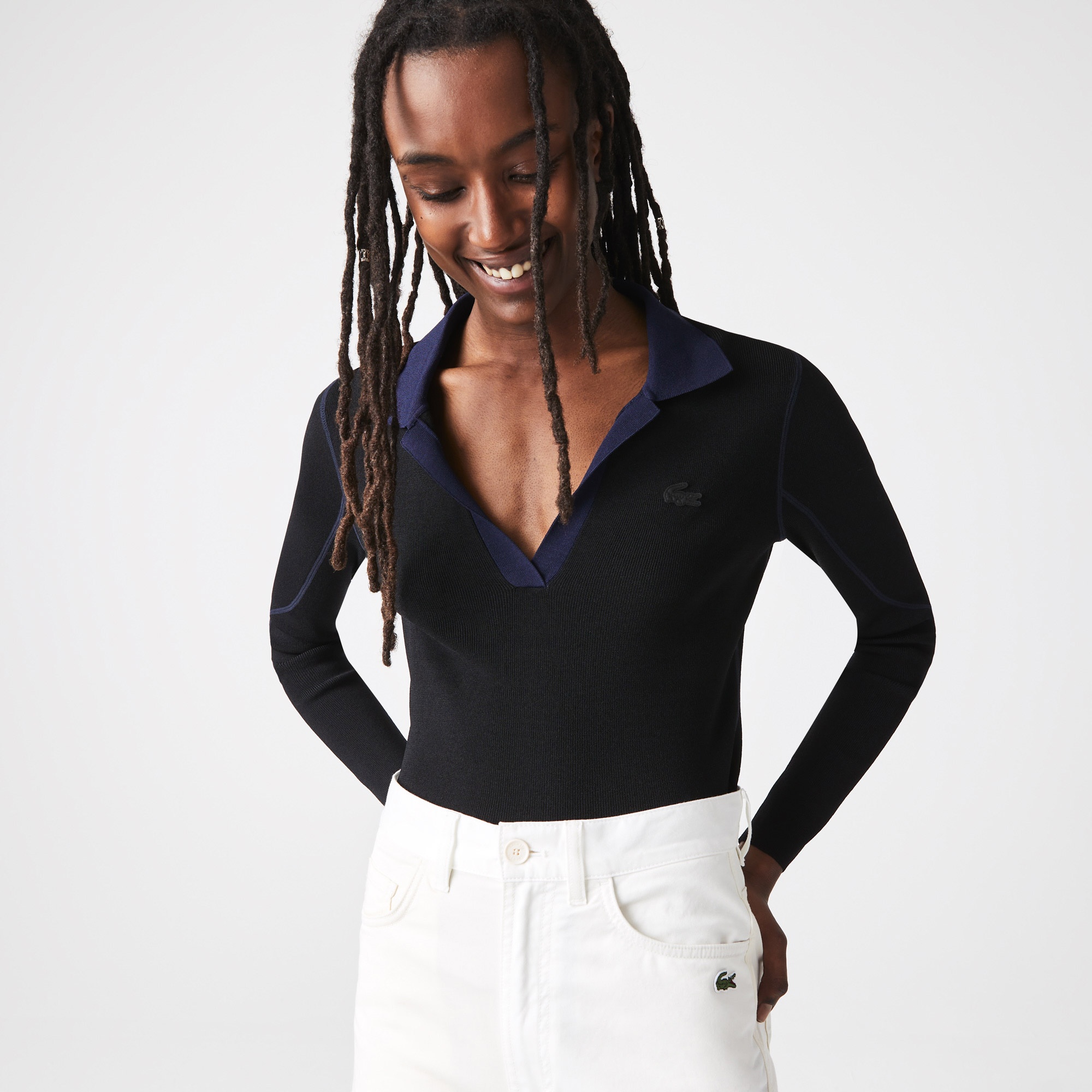 Lacoste Kadın Polo Yaka Siyah Kazak