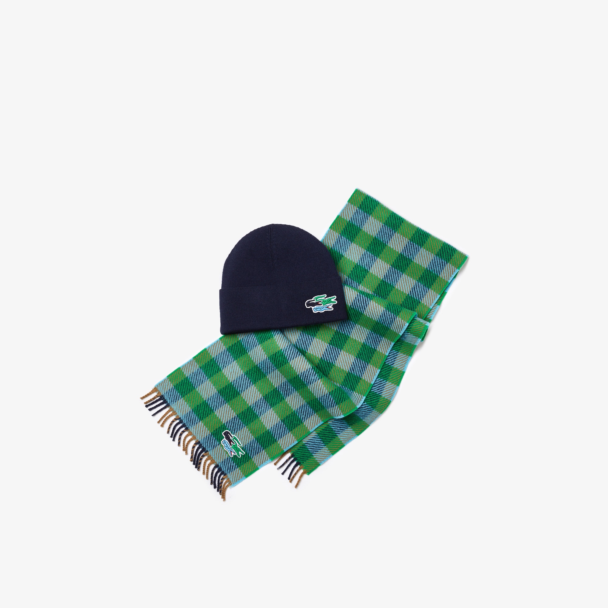 Lacoste Erkek Yün Ekose Renkli Atkı Bere Seti