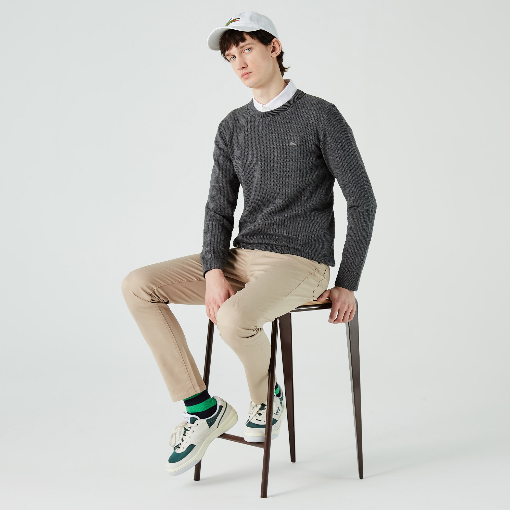 Lacoste Erkek Bisiklet Yaka Desenli Koyu Gri Kazak