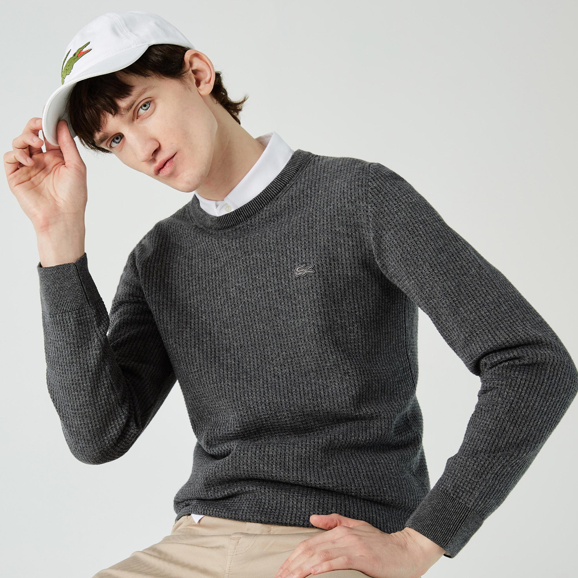 Lacoste Erkek Bisiklet Yaka Desenli Koyu Gri Kazak