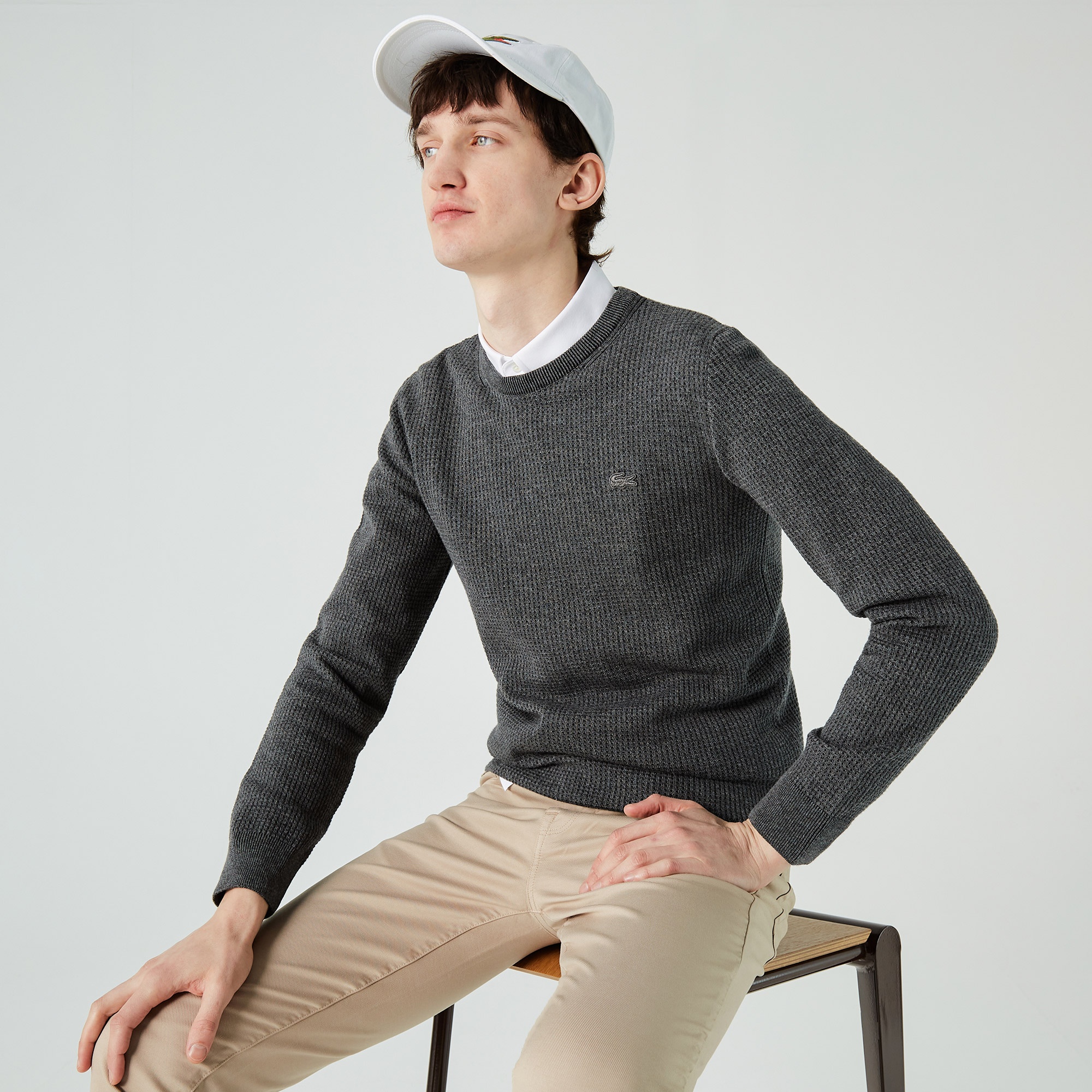 Lacoste Erkek Bisiklet Yaka Desenli Koyu Gri Kazak